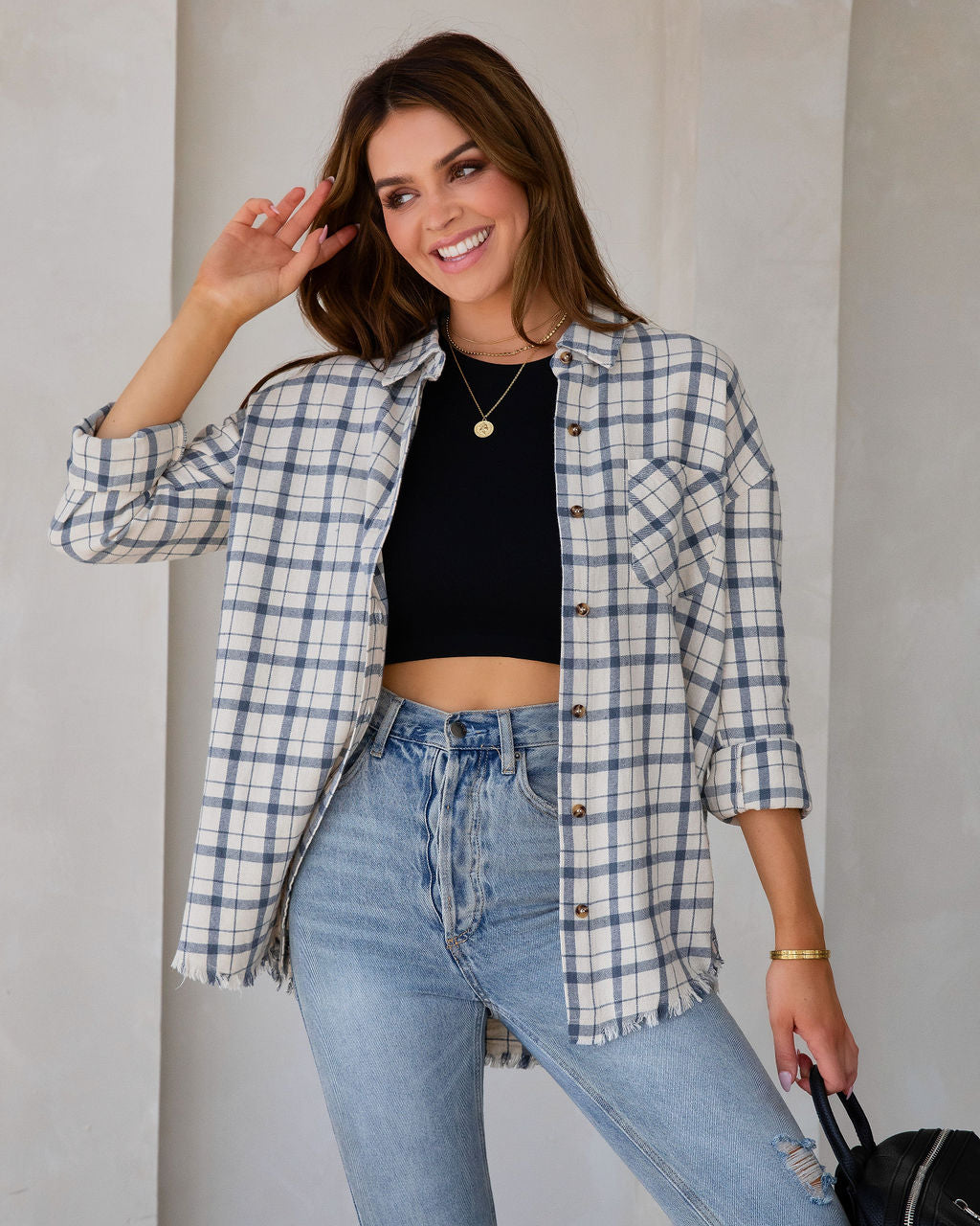 Farmers Market Lightweight Plaid Top - Off White - SALE