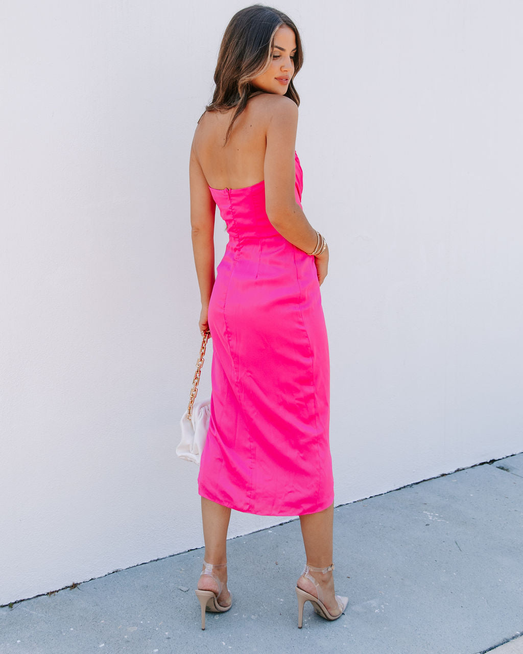 Classy And Fabulous Strapless Satin Midi Dress - Hot Pink - FINAL SALE