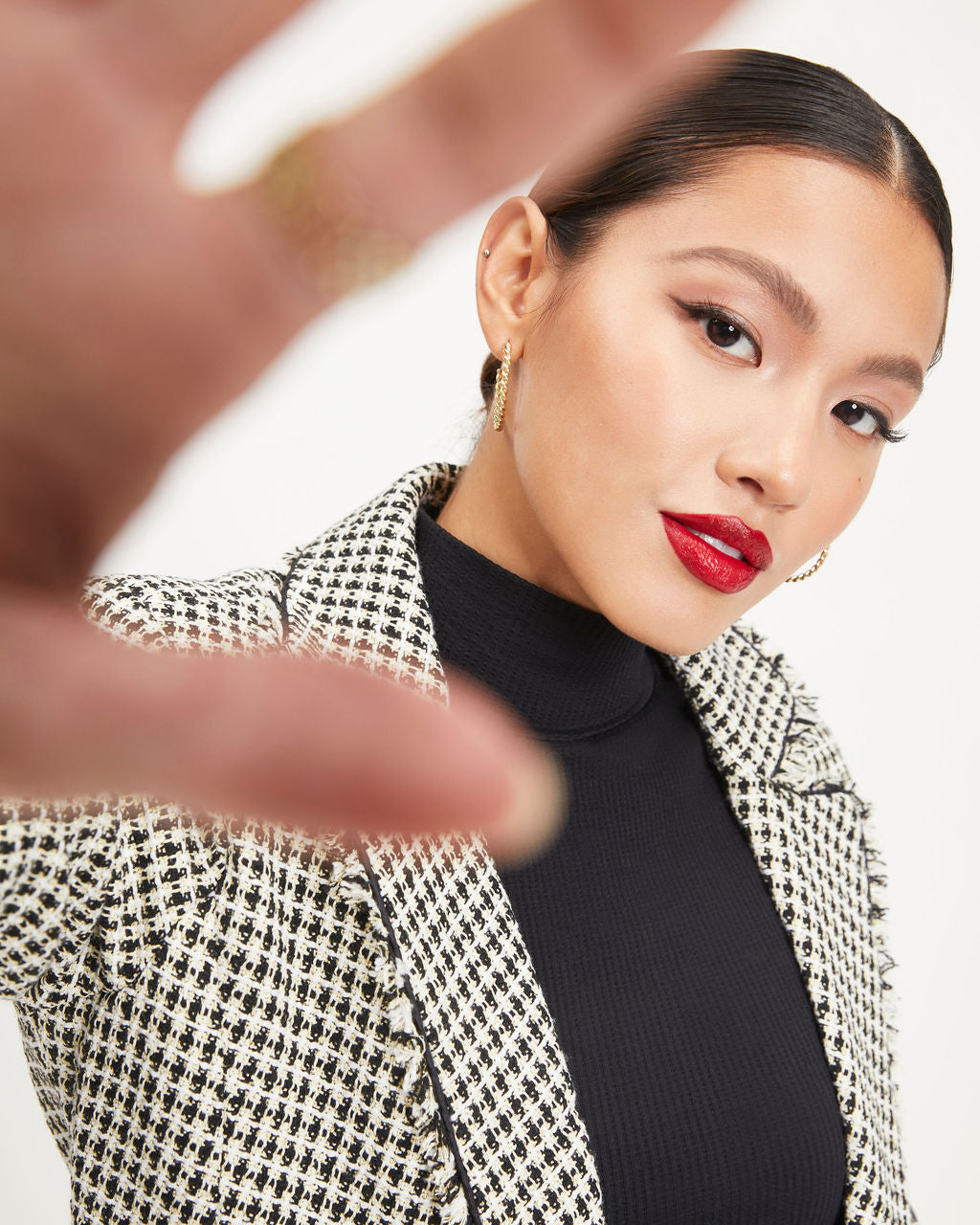 Seems About Right Frayed Pocketed Houndstooth Blazer