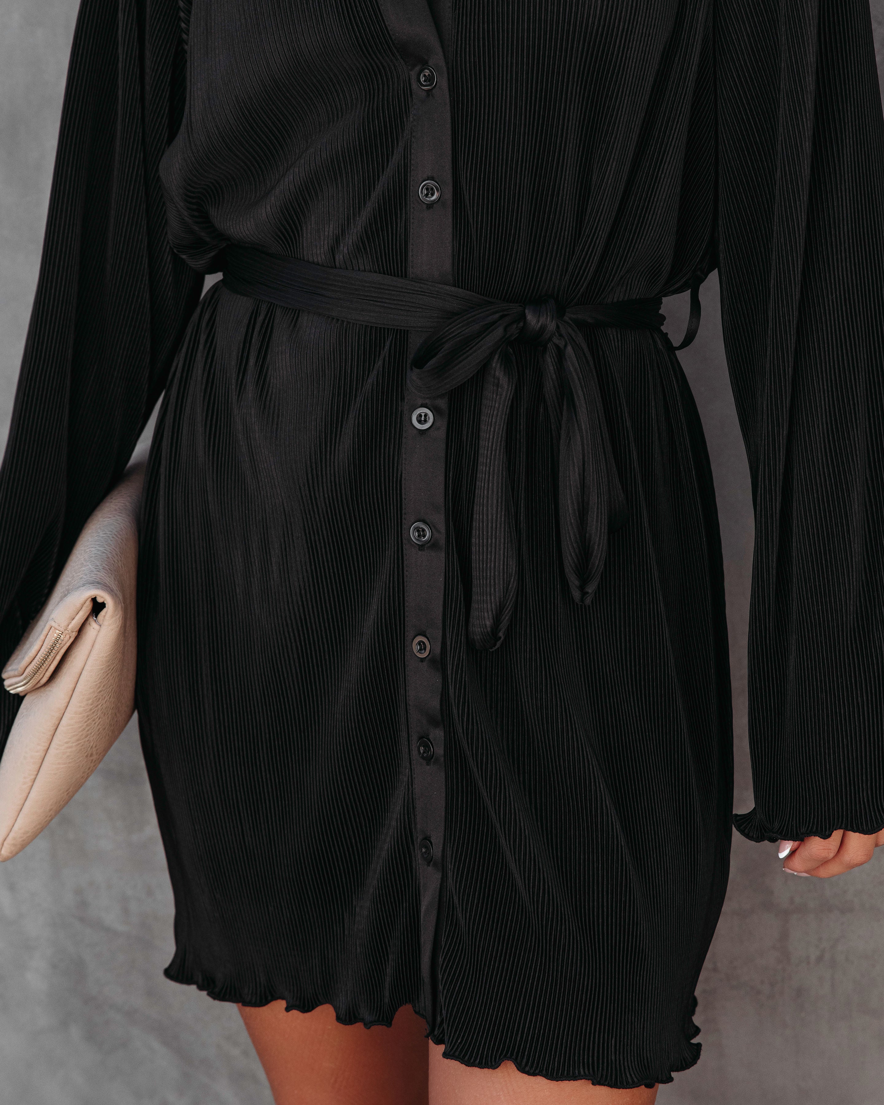 Stellar Vibes Plisse Button Down Shirt Dress - Black