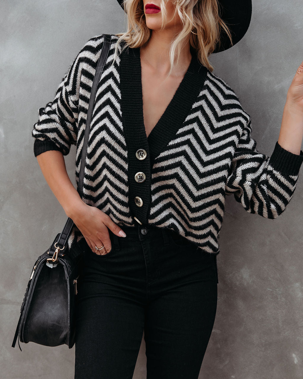 Halston Button Front Chevron Knit Cardigan