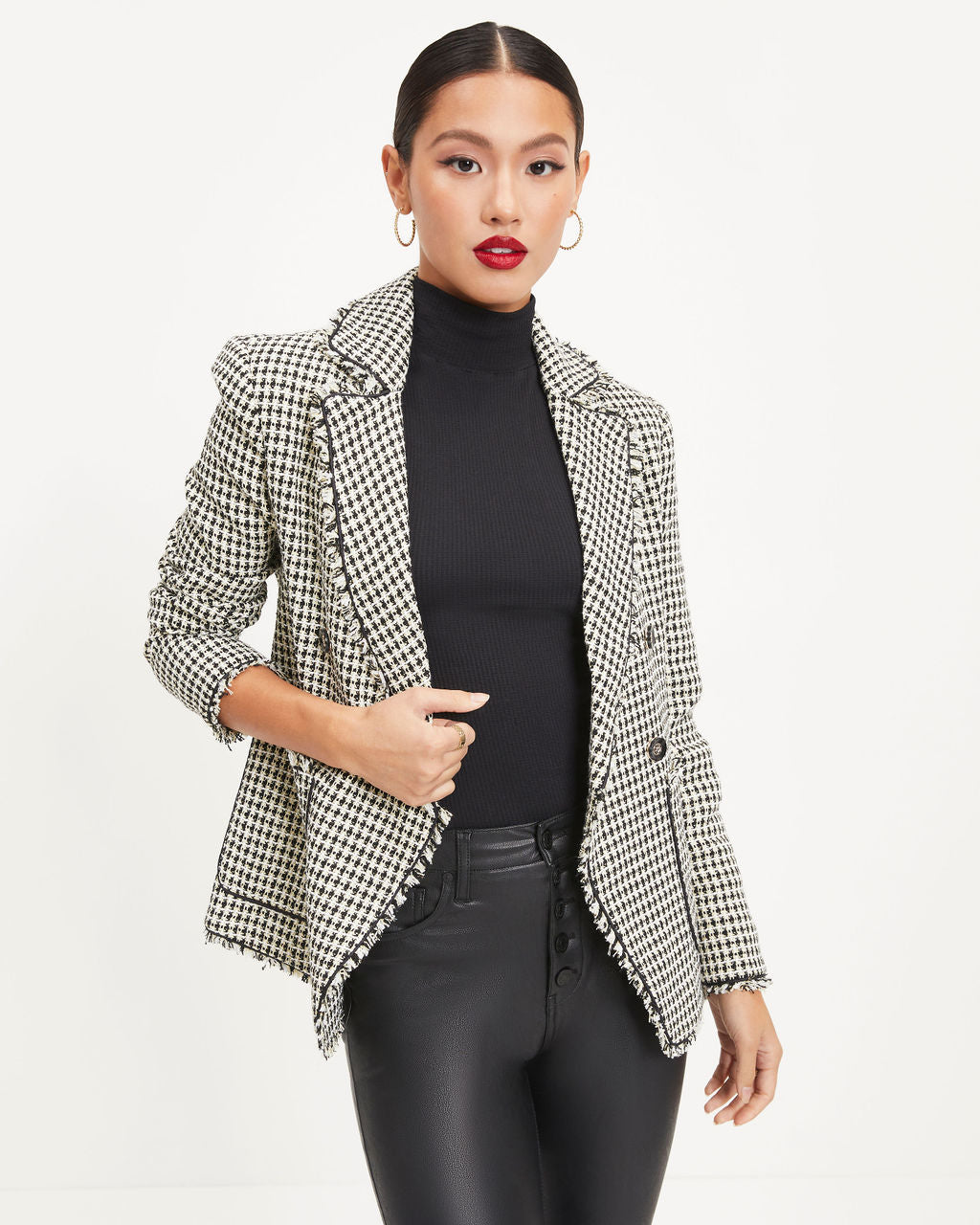 Seems About Right Frayed Pocketed Houndstooth Blazer