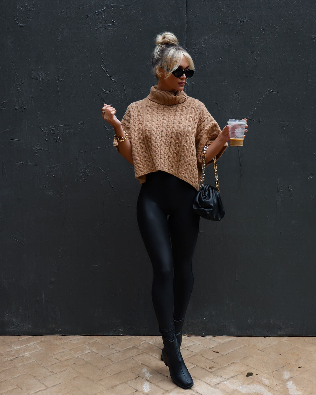 Adalynn Cable Knit Turtleneck Sweater Vest - Camel