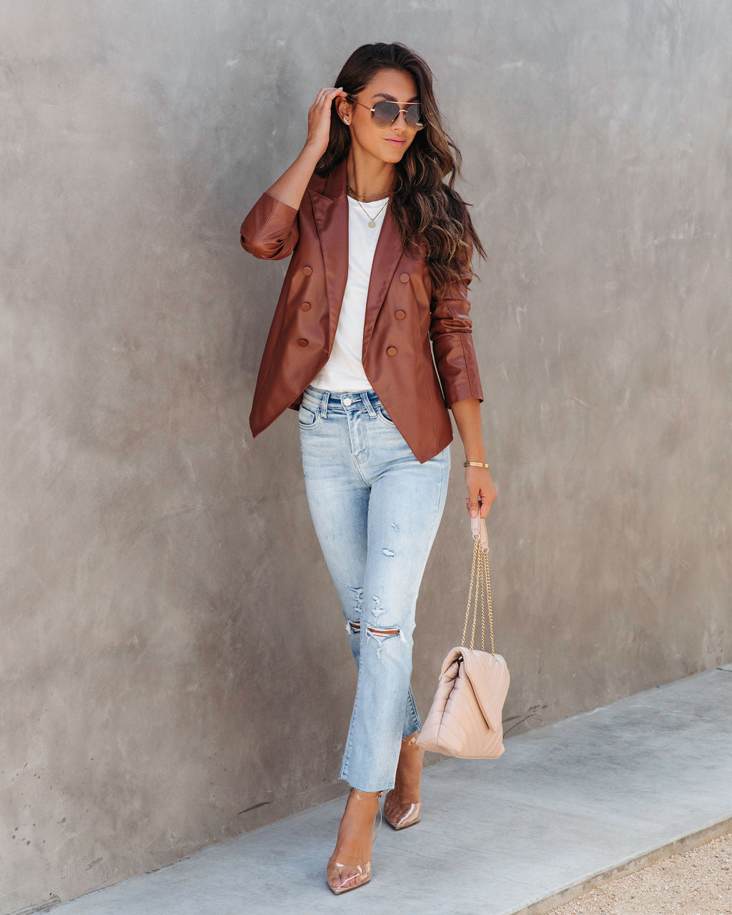 Angelique Faux Leather Blazer - Chestnut