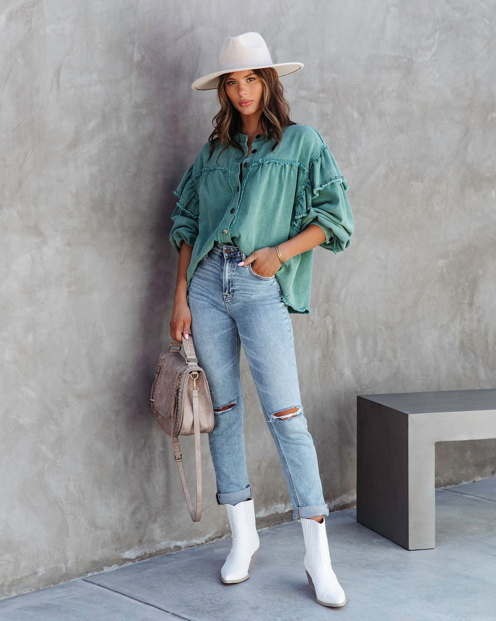 Darcey Denim Studded Frayed Lightweight Jacket - Jade Green - SALE