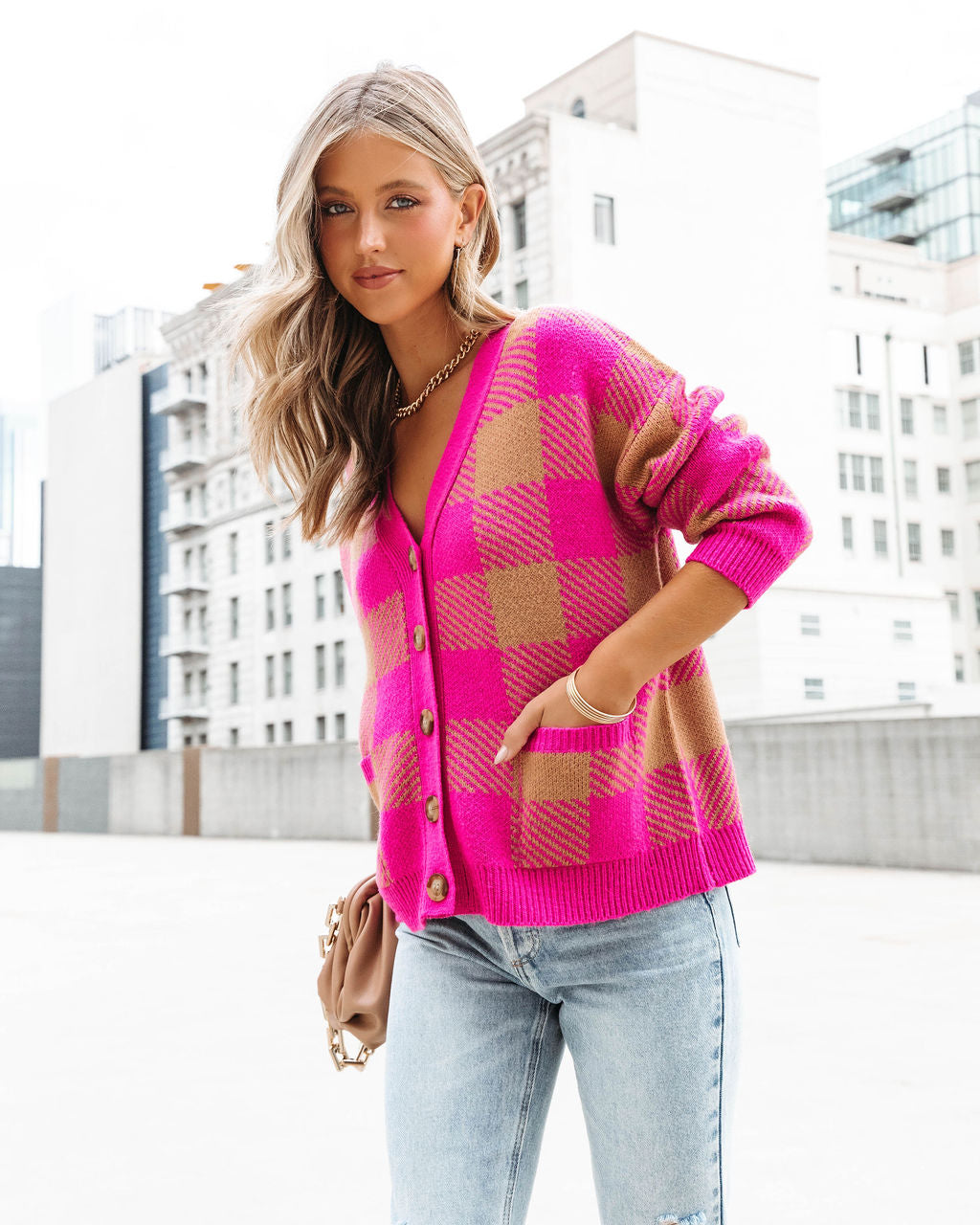 No Drama Here Plaid Pocketed Cardigan - Camel