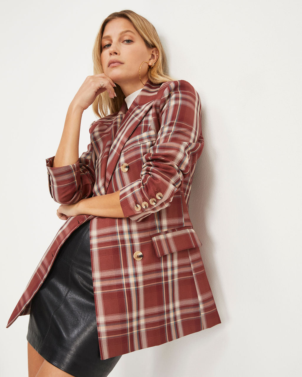 Nadia Pocketed Plaid Blazer - Burgundy