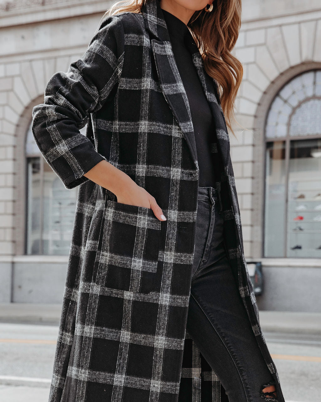 Francesca Plaid Pocketed Coat - Black