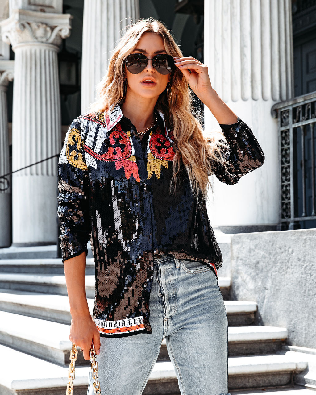 Eliza Embellished Sequin Button Down Top - Black