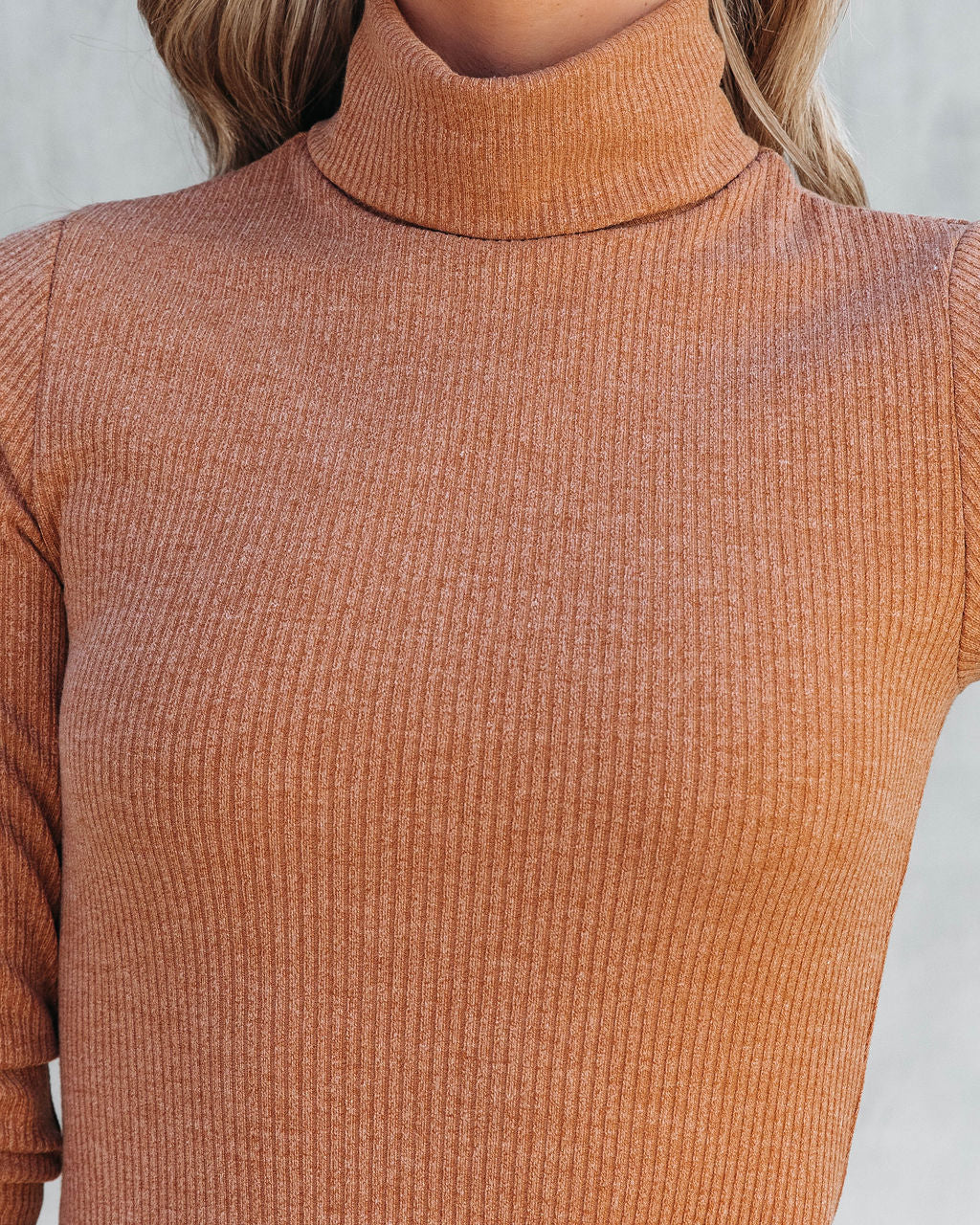 Katherine Ribbed Knit Turtleneck Mini Dress - Camel