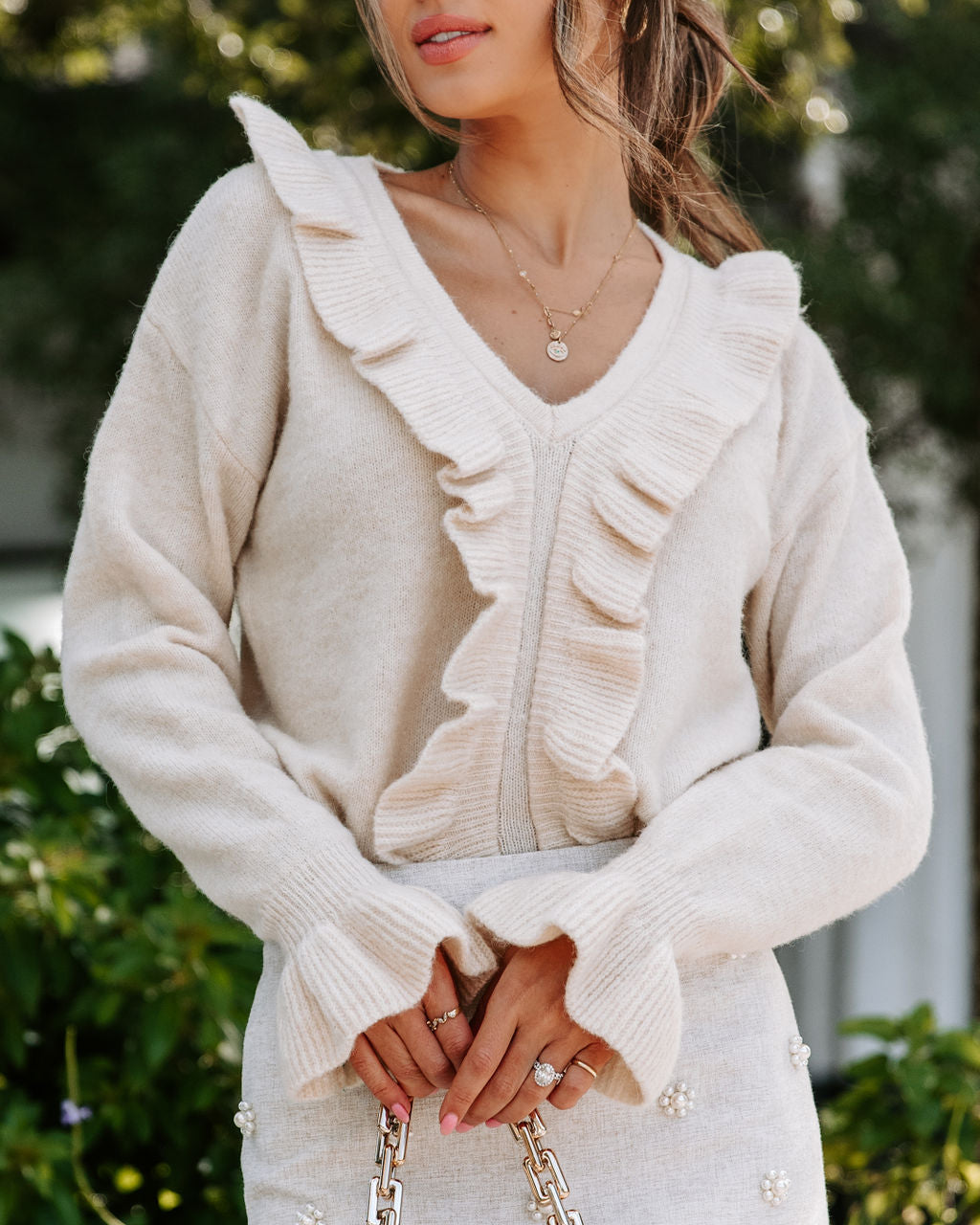 Annette Knit Ruffle Pullover Sweater - Ivory