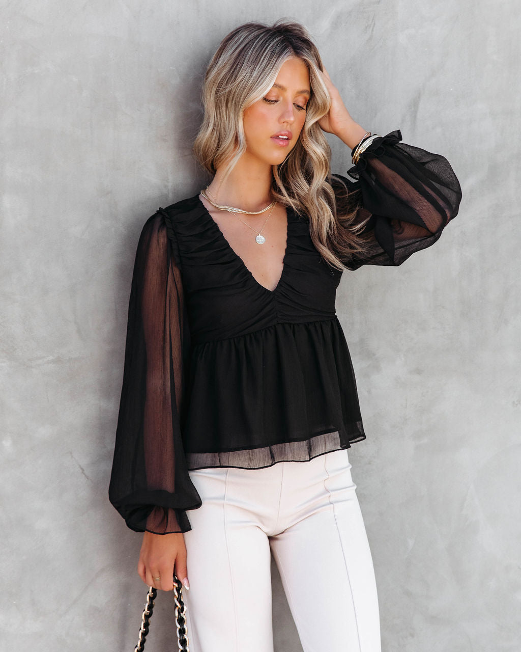 Into The Night Drape Chiffon Top - Black