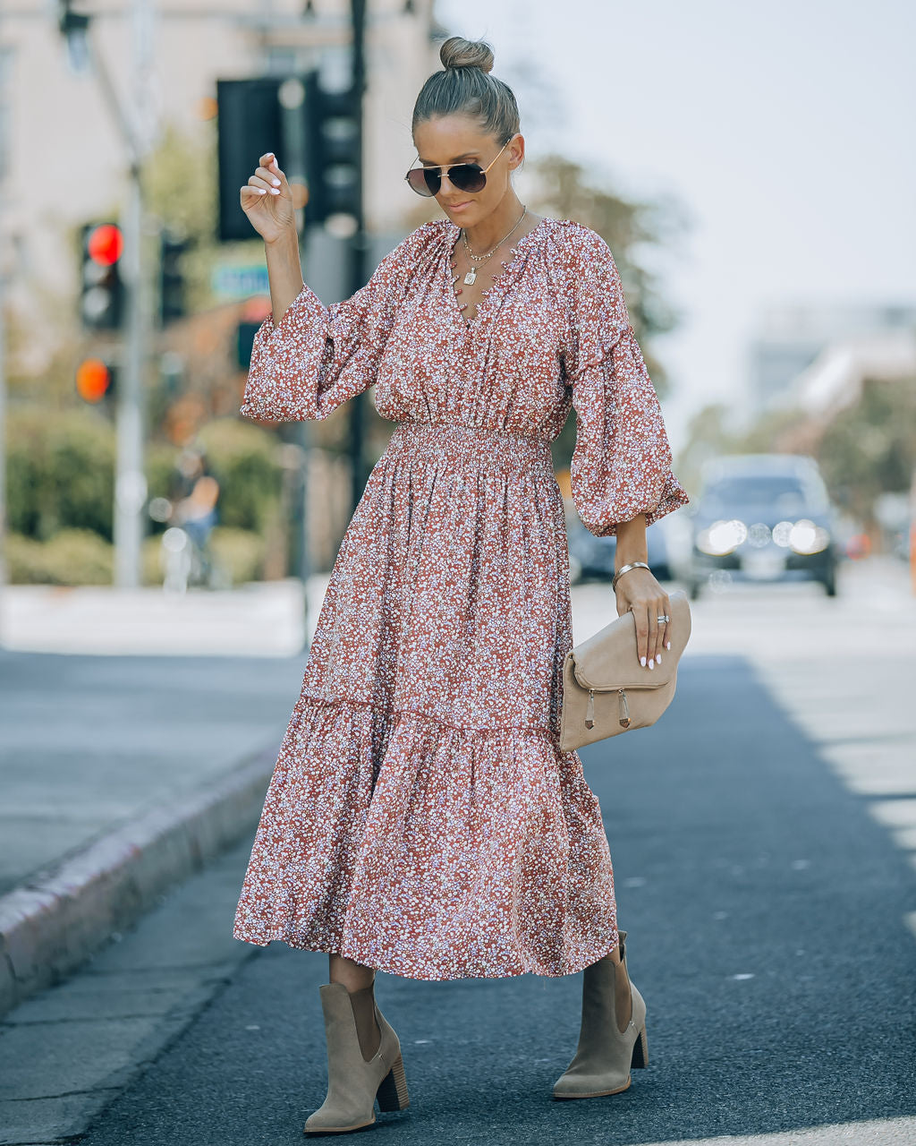 Autumn Flower Fields Smocked Ruffle Midi Dress