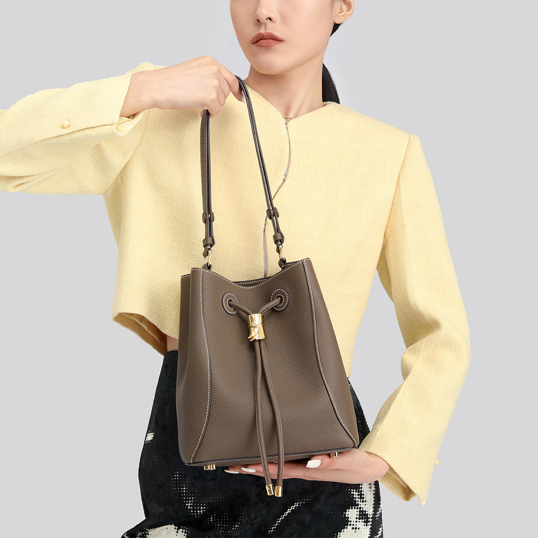 Handmade Etoupe TOGO Leather Shoulder Bucket Bag