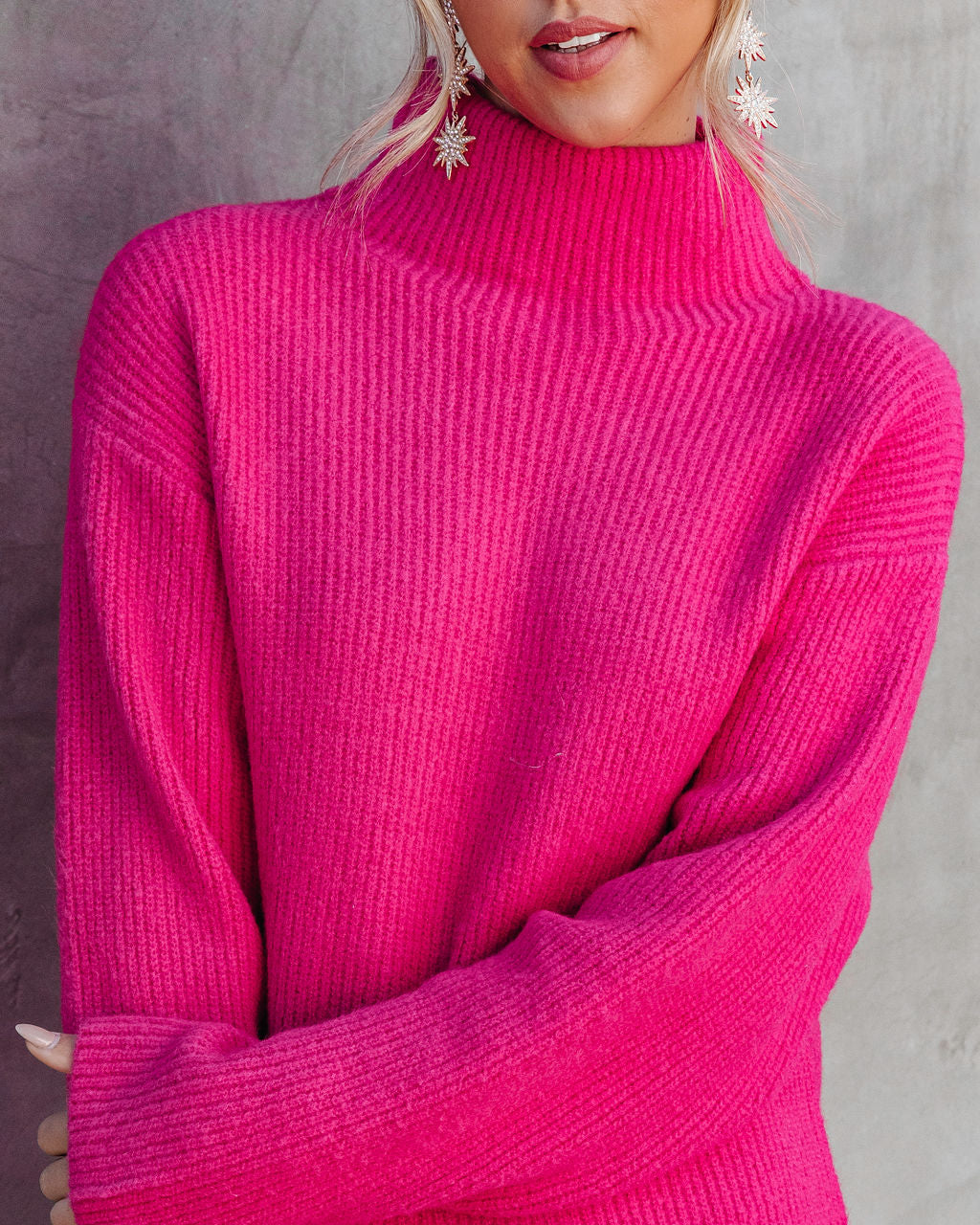 Uptown Girl Mock Neck Sweater Dress - Hot Pink