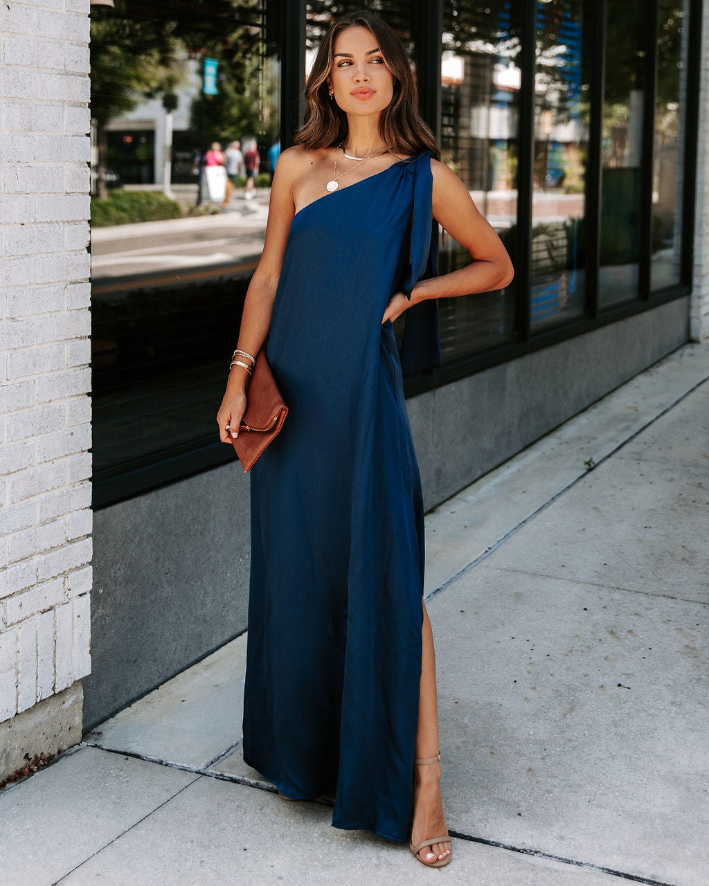 Invite Only Satin One Shoulder Maxi Dress - Navy