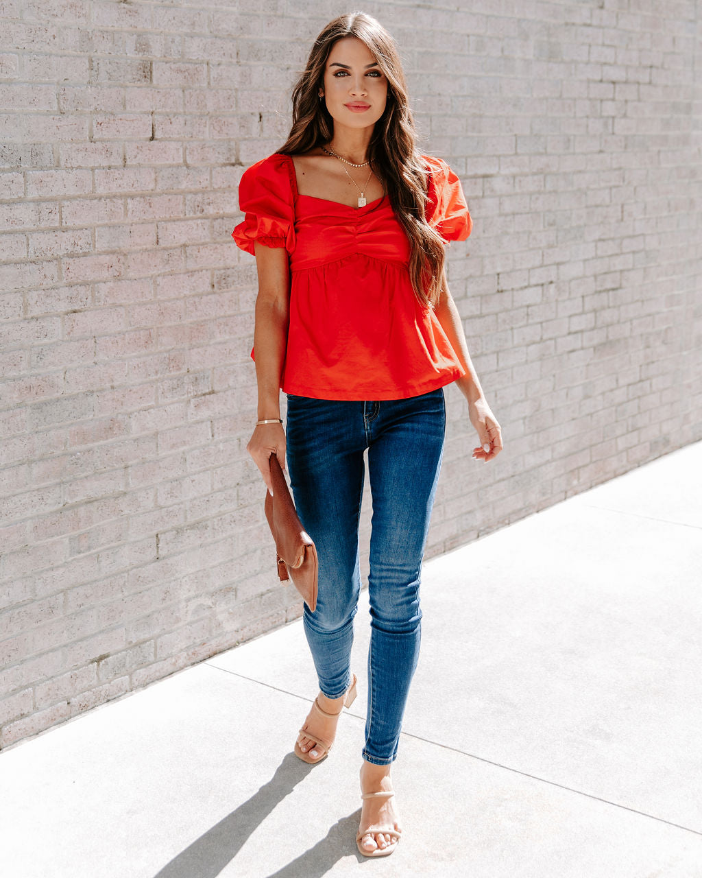 Carley Cotton Puff Sleeve Peplum Top - Red - SALE