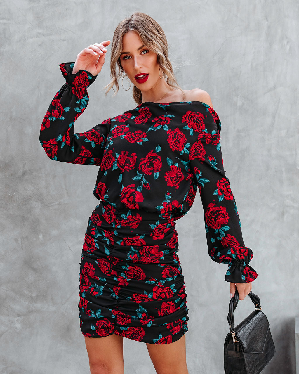 Barcelona Floral Ruched Cowl Neck Mini Dress