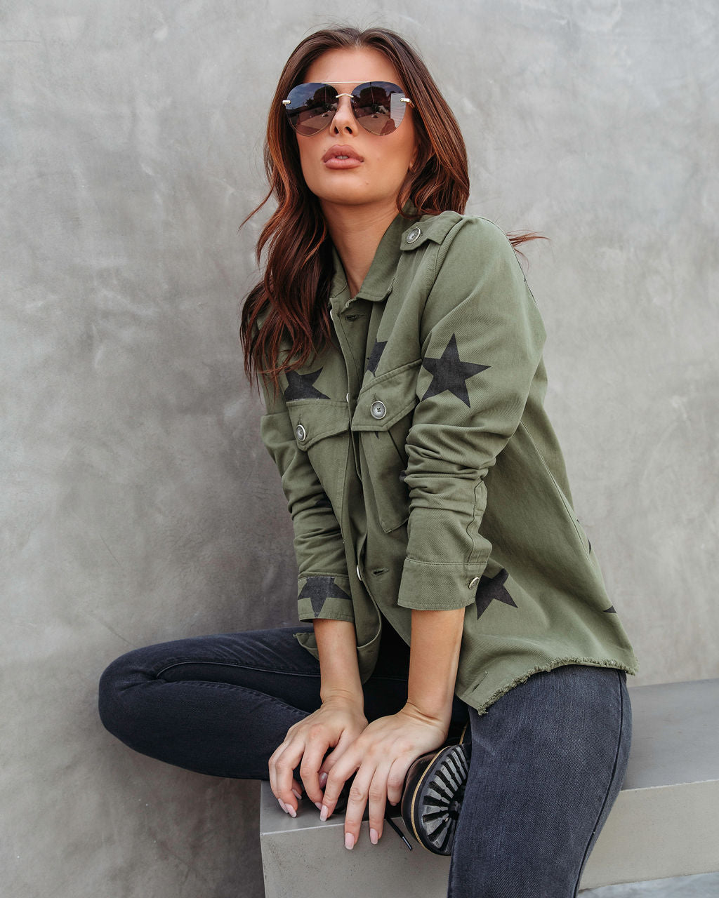 All Aligned Frayed Star Jacket - Olive