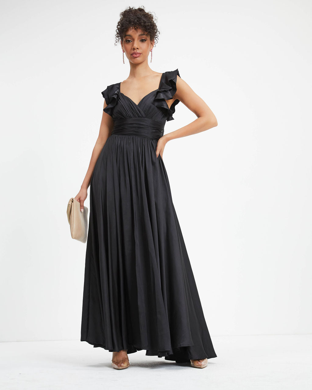 First Class Satin Ruffle Cutout Maxi Dress - Black - FINAL SALE