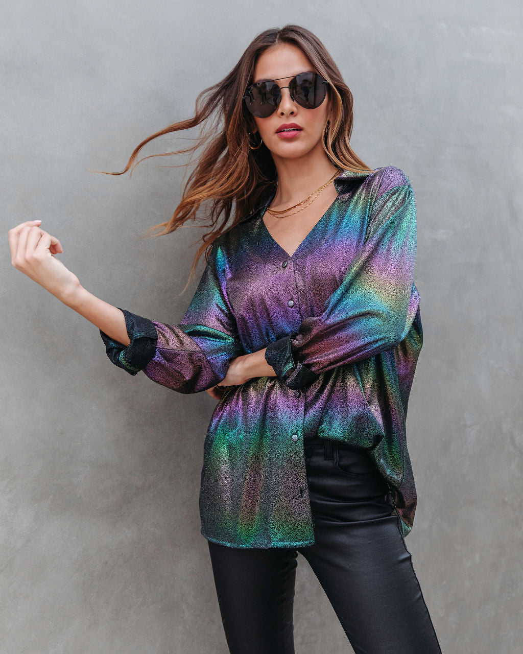 Modern Day Disco Iridescent Button Down Top