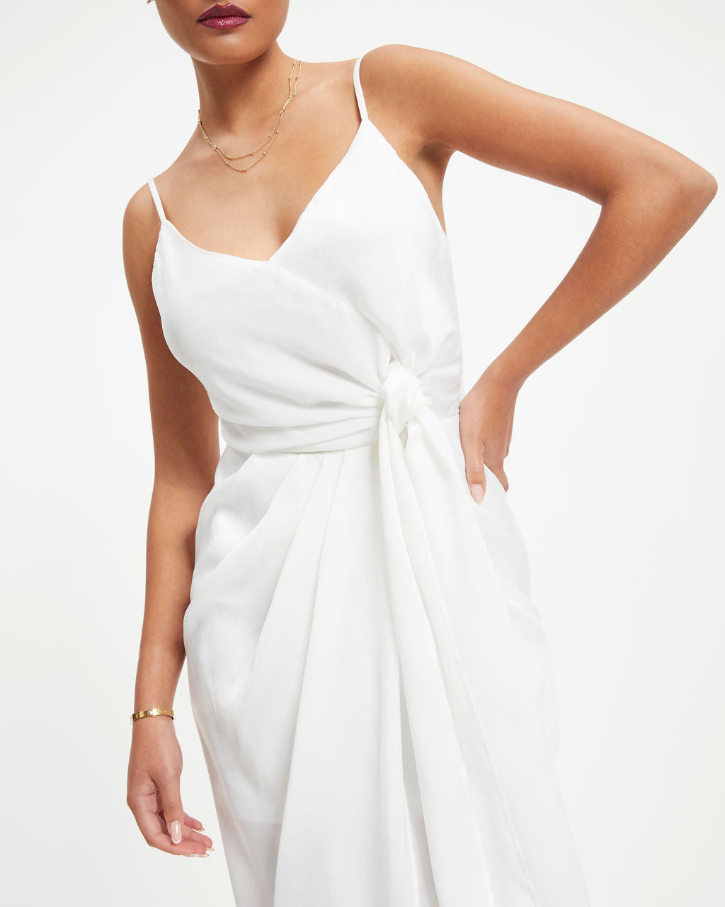 Token Of Gratitude Satin Midi Tie Dress - White