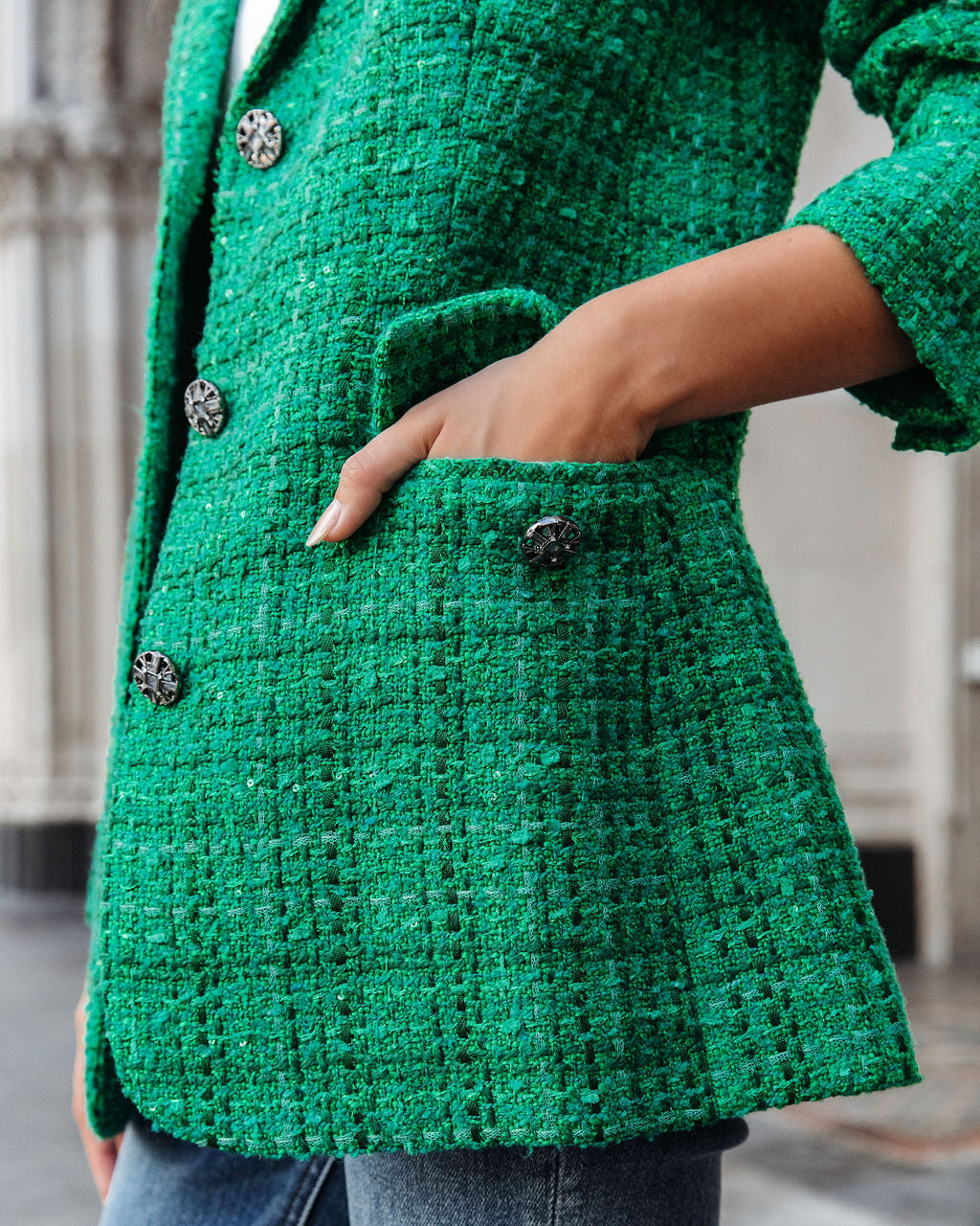 Priestly Pocketed Tweed Blazer - Emerald