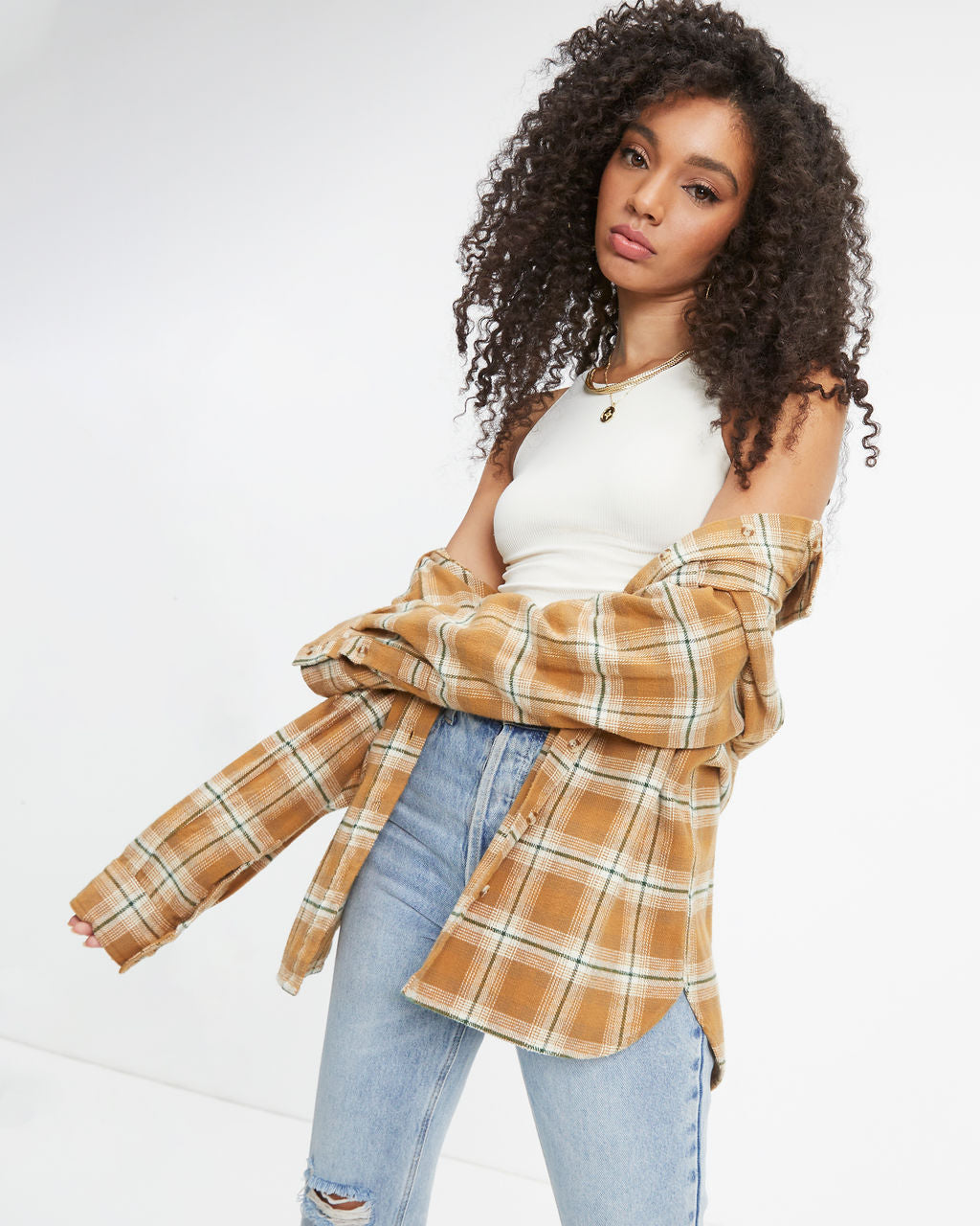 Falls Gold Rush Plaid Button Down Top