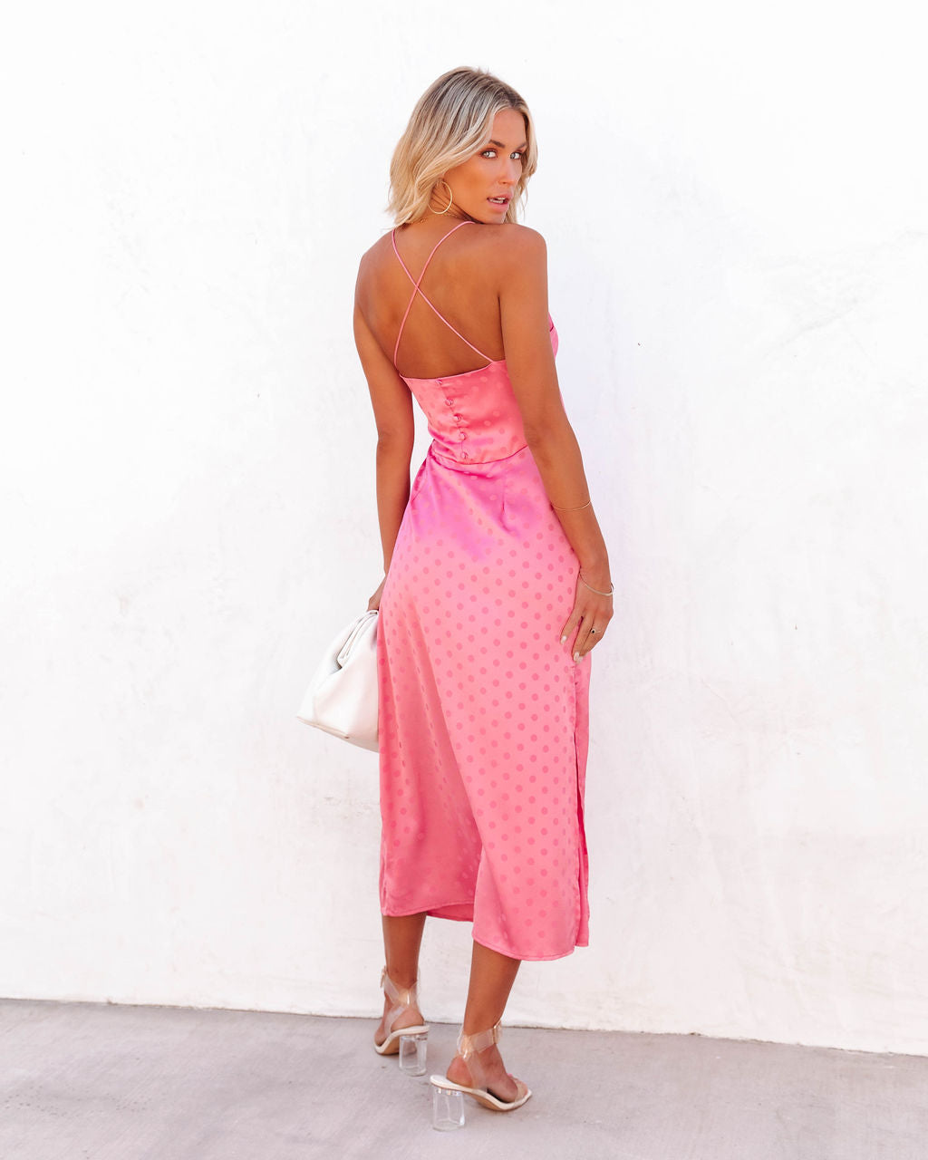 Afternoons In Bordeaux Polkadot Satin Slip Dress - Pink - FINAL SALE