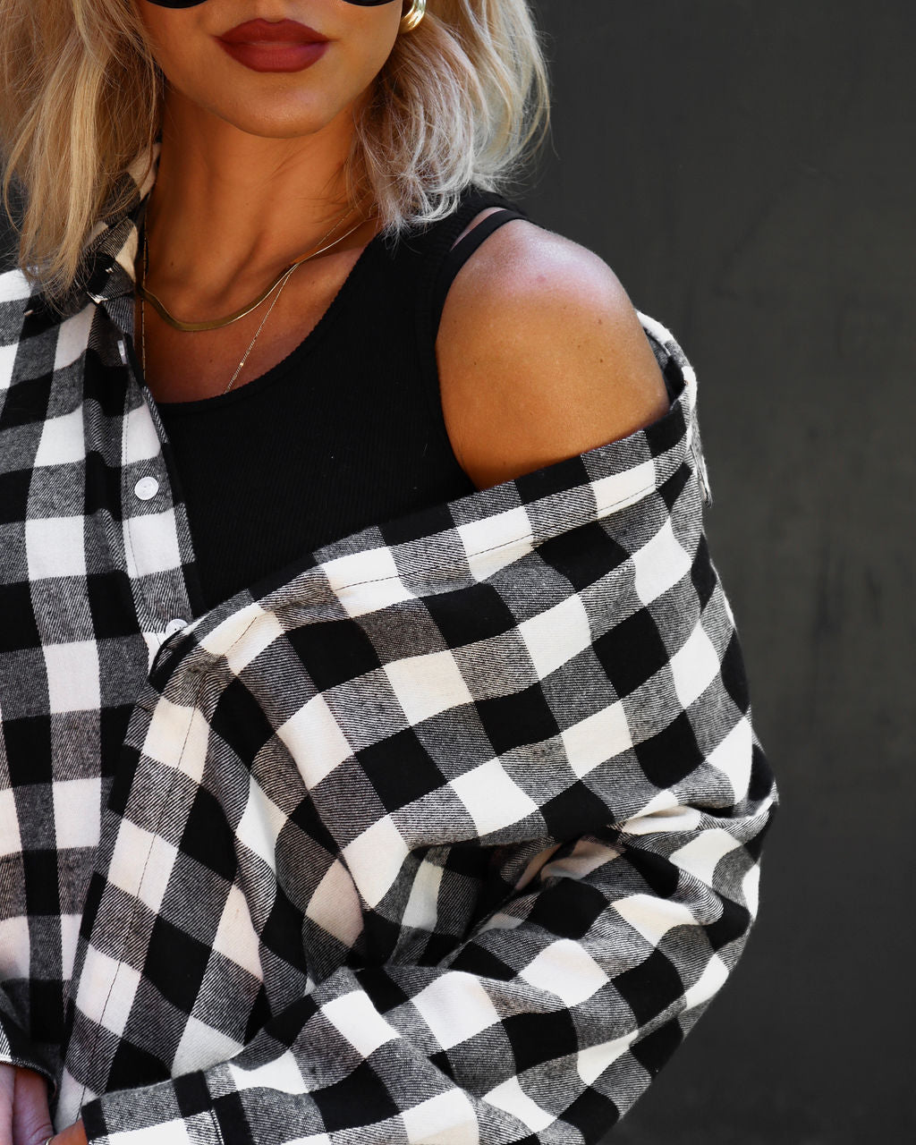 Check Yourself Plaid Off The Shoulder Tunic Dress