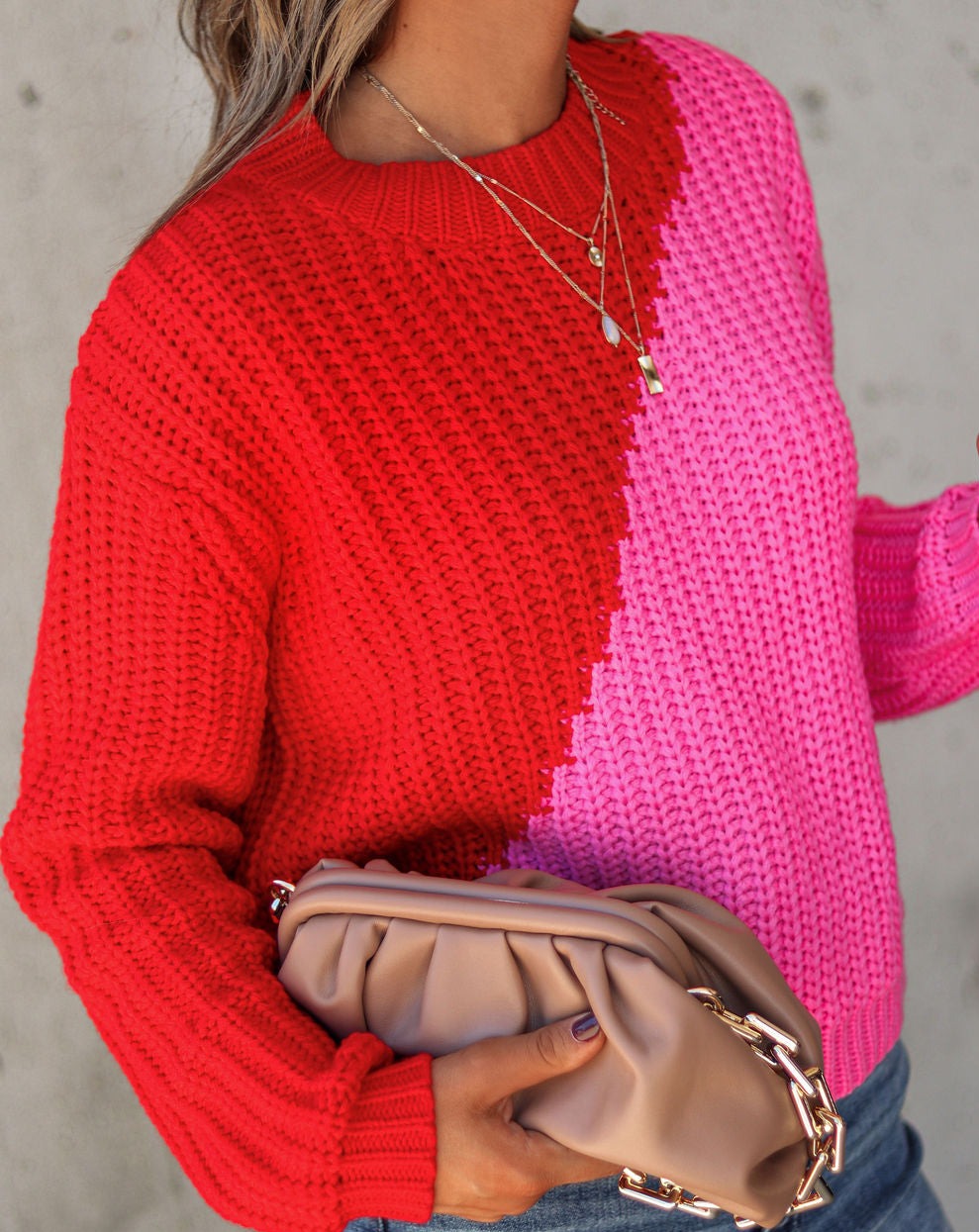 City Babe Knit Colorblock Pullover Sweater - Red Pink