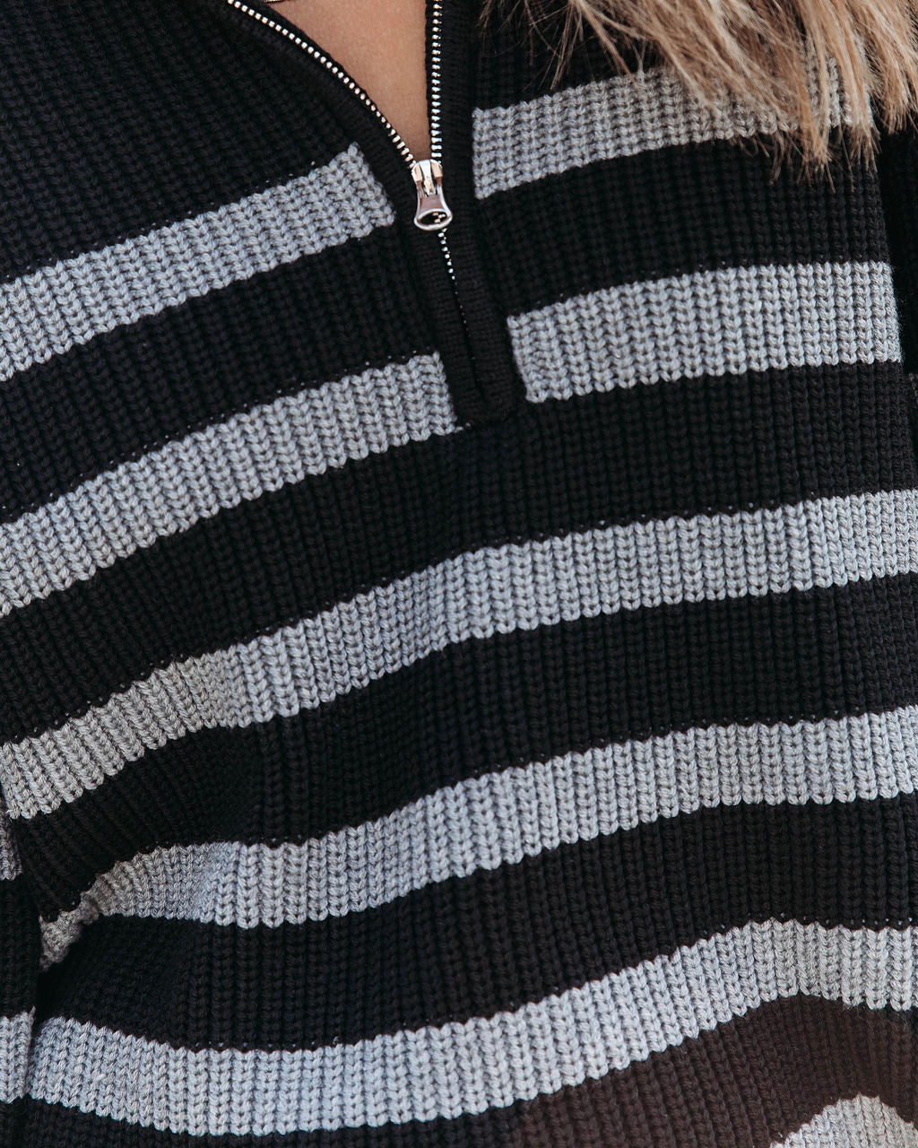 Nyla Striped Knit Half Zip Pullover Sweater - Black