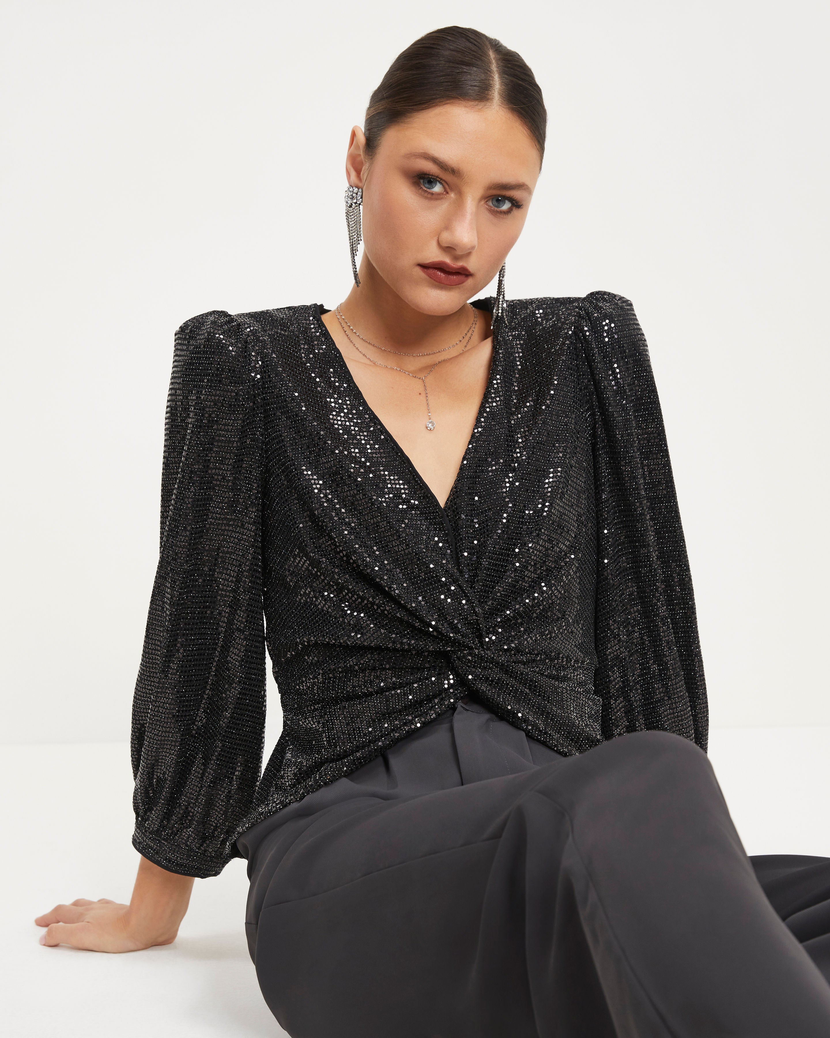 Disco Queen Twisted Front Sequin Top - Black