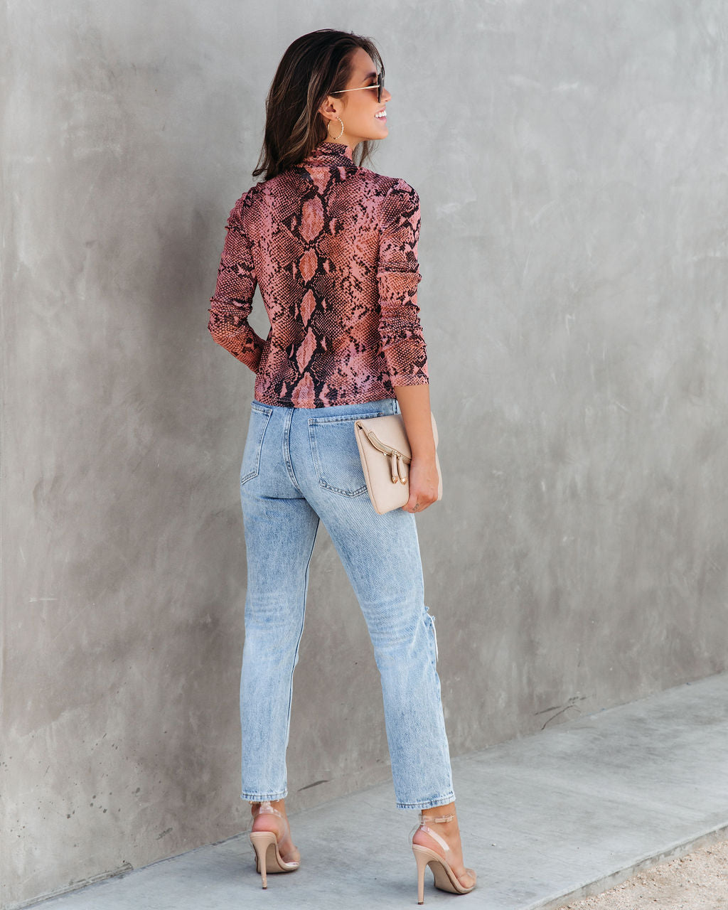 Serpentine Snake Print Sheer Turtleneck Top - Clay - SALE