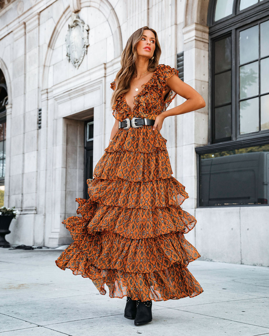 Desert Queen Printed Tiered Belted Maxi Dress