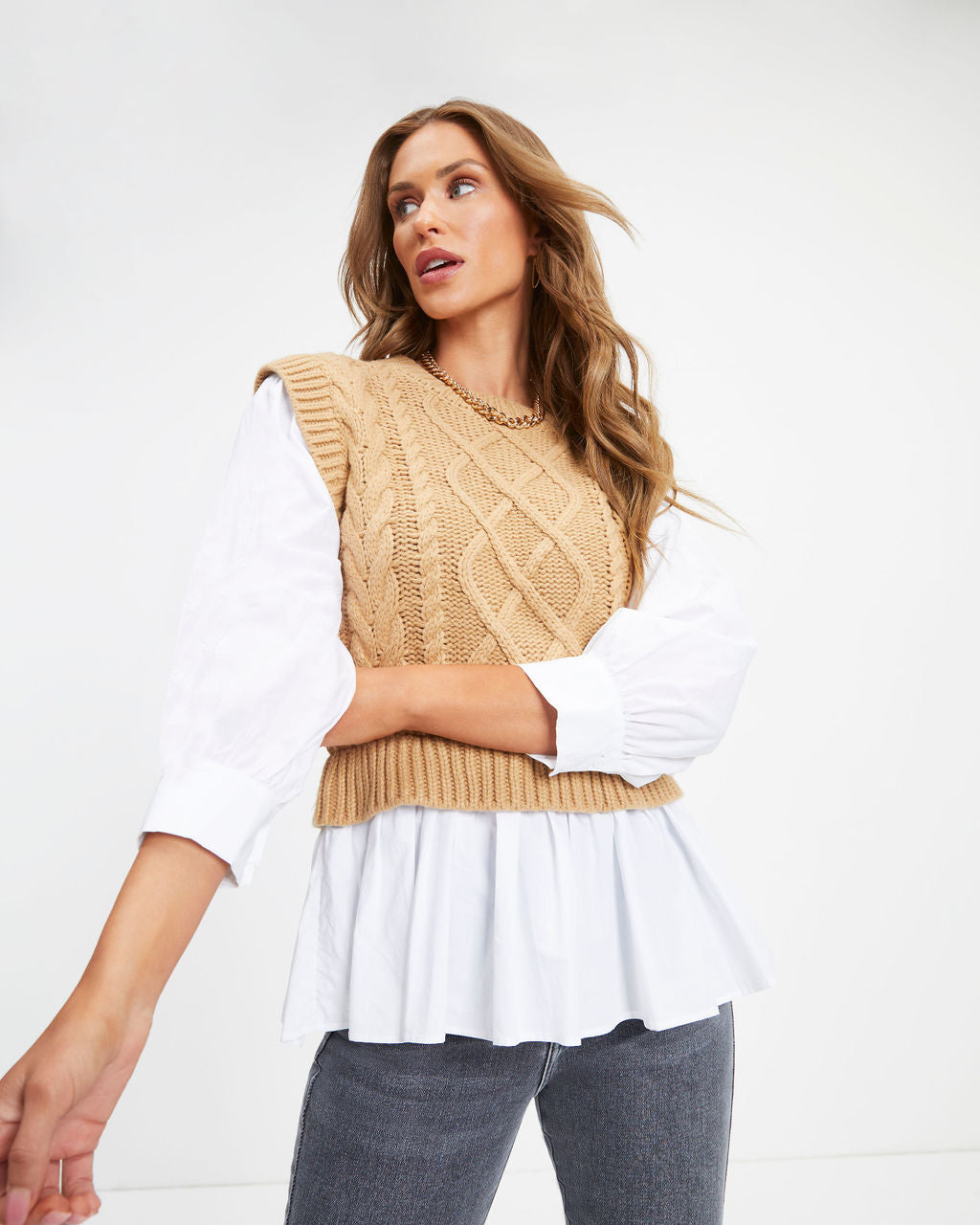 Carmine Contrast Knit Top - Camel