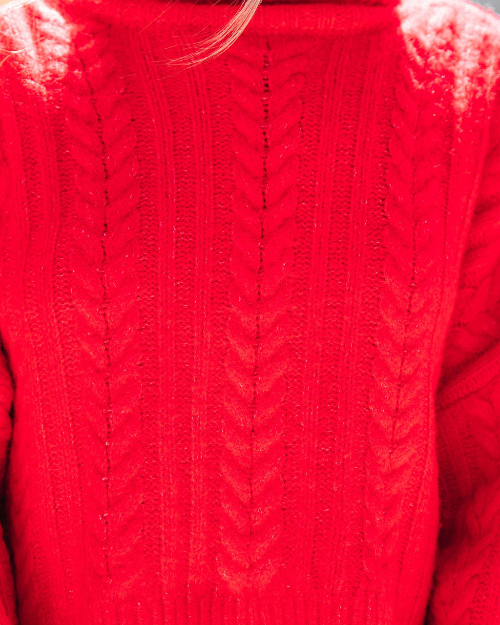 Georgie Cable Knit Turtleneck Pullover Sweater - Red - FINAL SALE