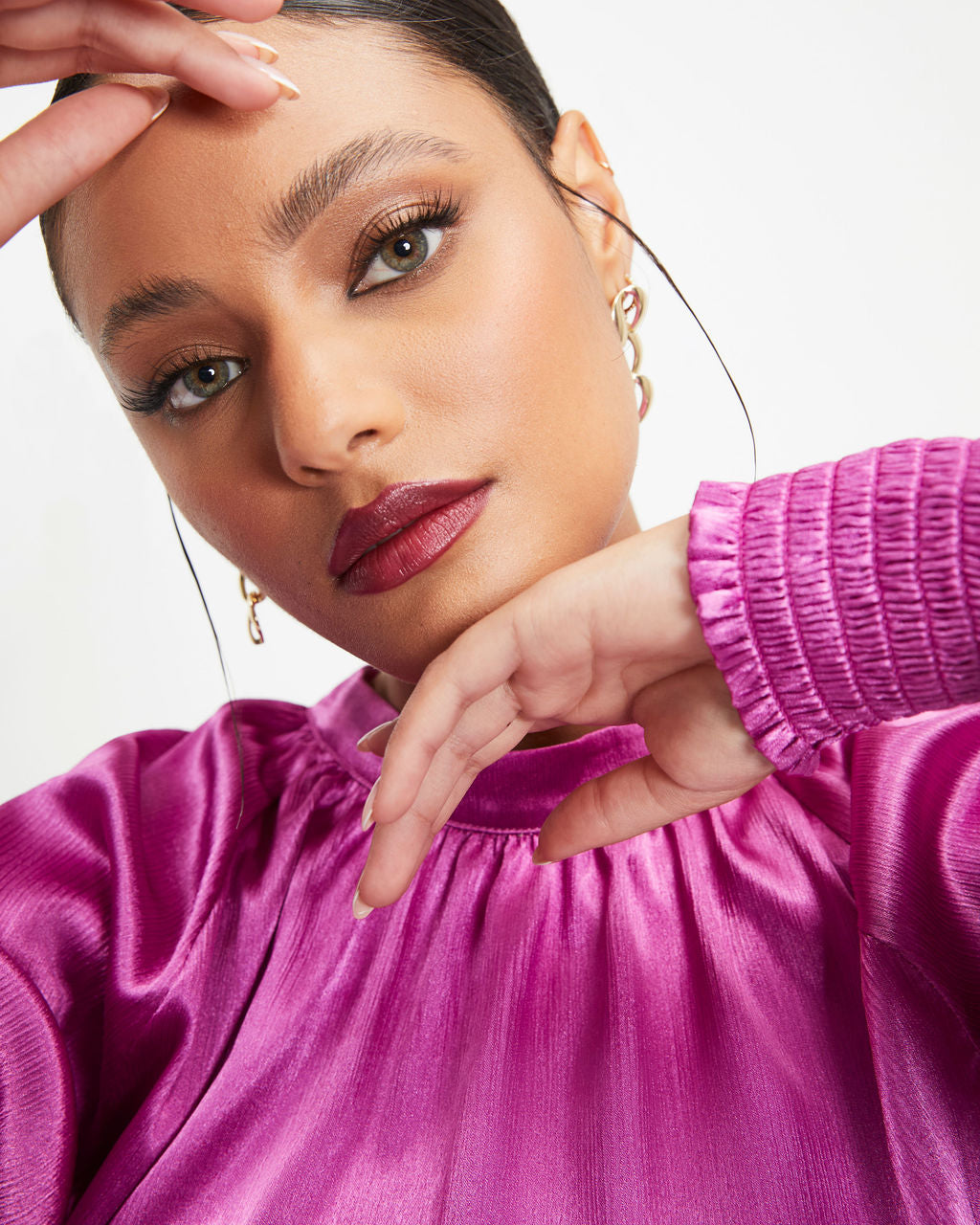Jaylene Satin Long Sleeve Top - Magenta