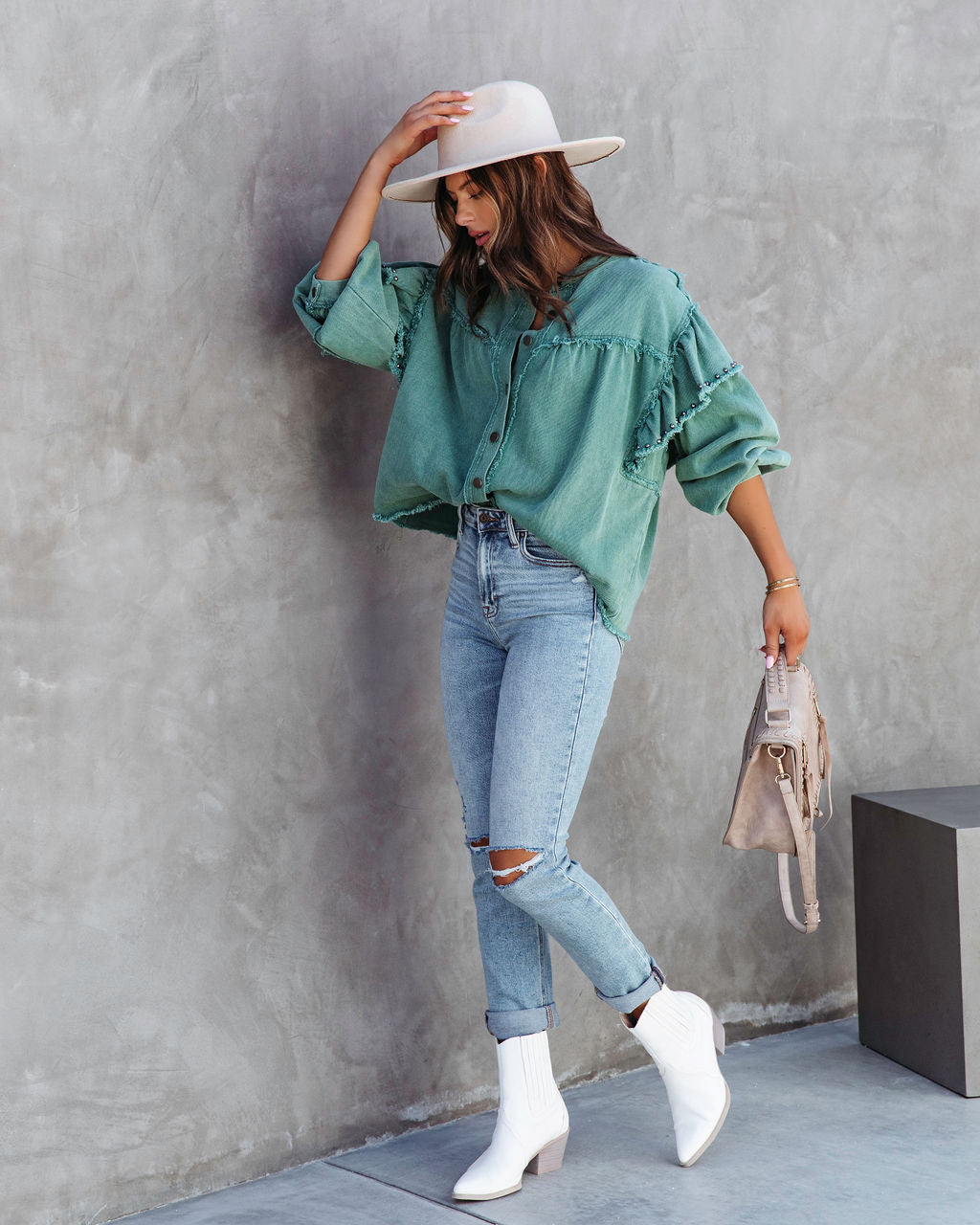 Darcey Denim Studded Frayed Lightweight Jacket - Jade Green - SALE