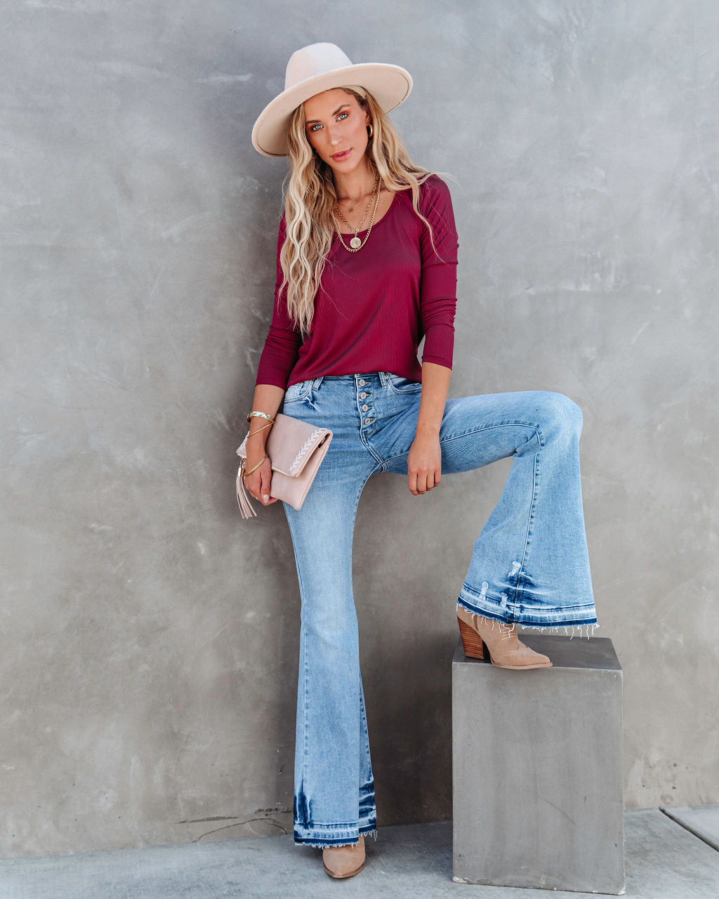 Elm Ribbed Long Sleeve Top - Burgundy - SALE