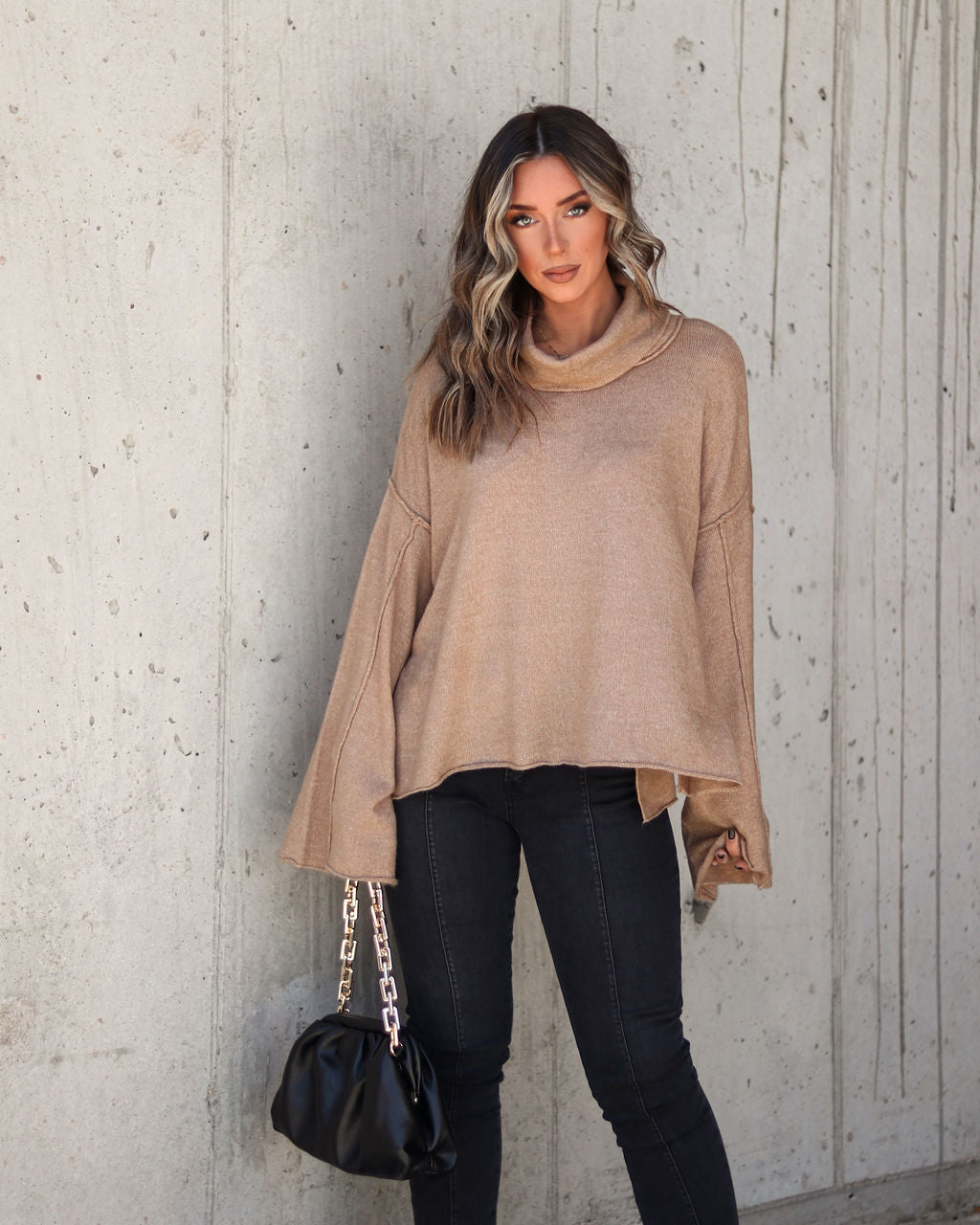 Unfinished Biz Knit Turtleneck Pullover Sweater - Latte