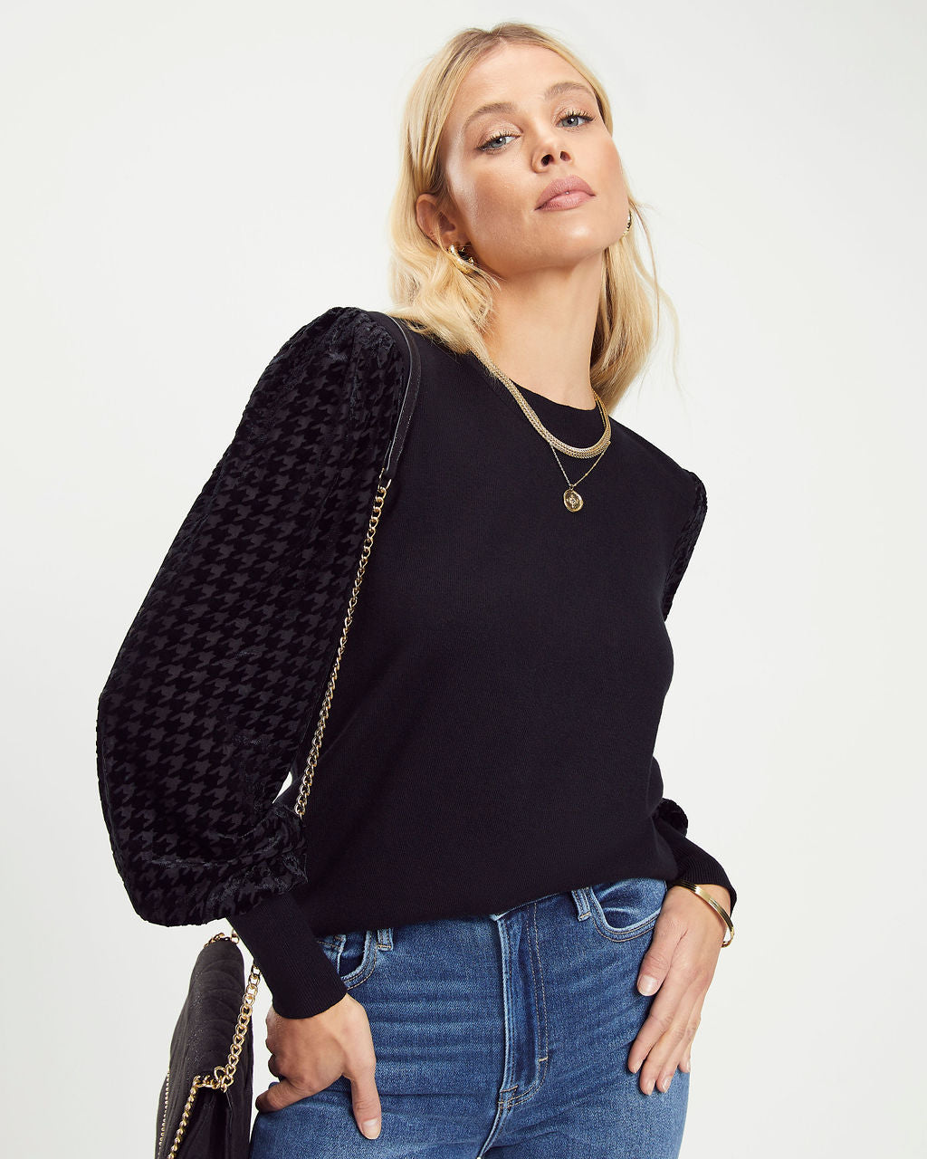 Think Like A Boss Houndstooth Contrast Top - Black