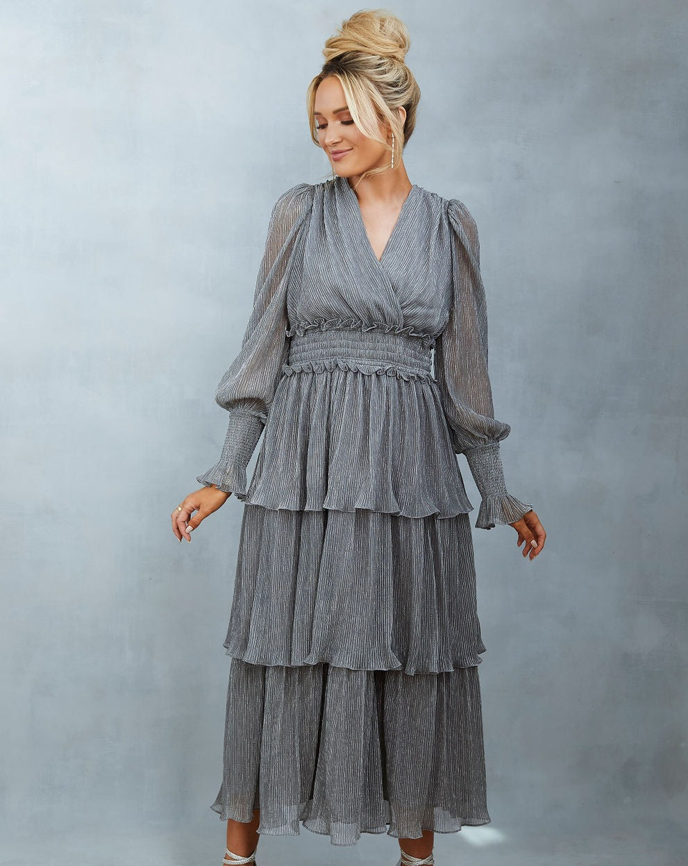 Meghan Metallic Tiered Maxi Dress - Silver