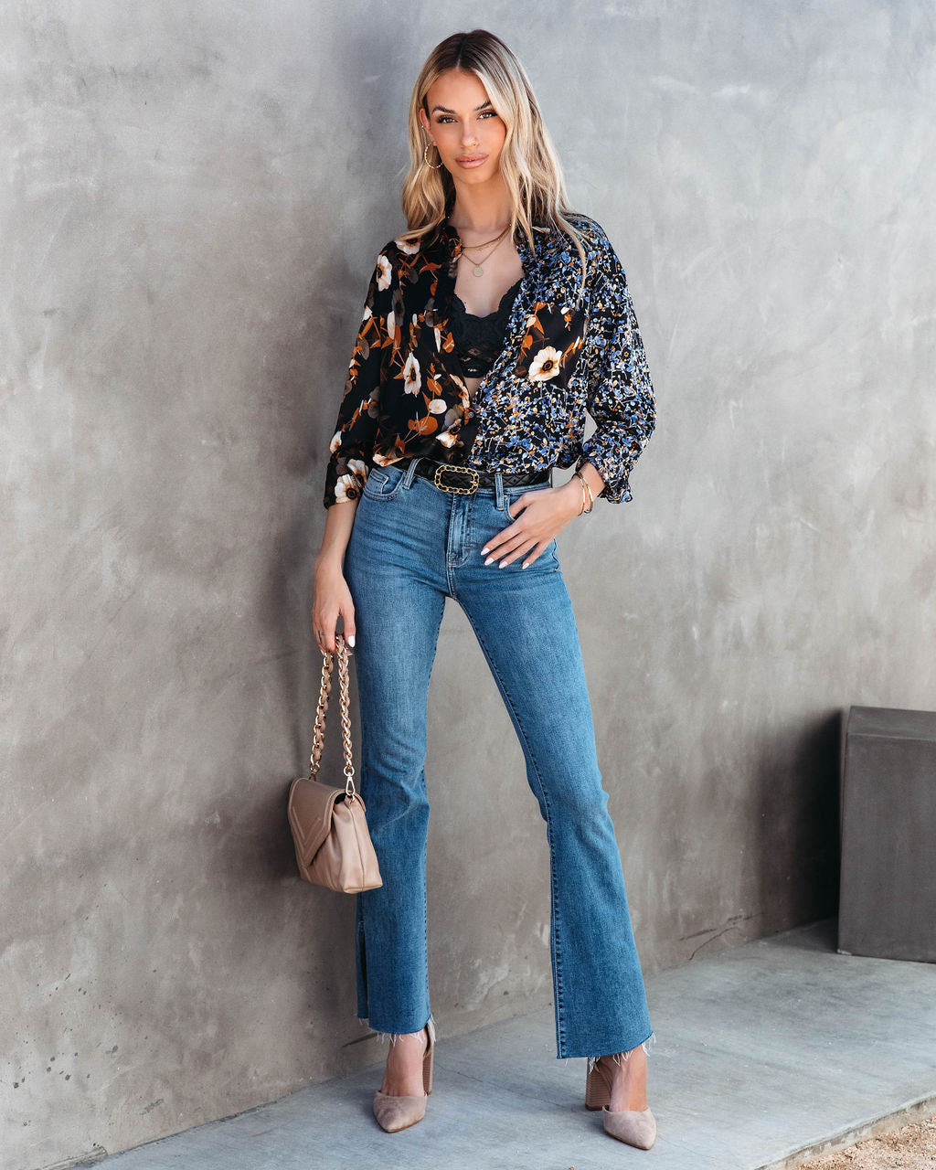 October Botanicals Satin Floral Button Down Top