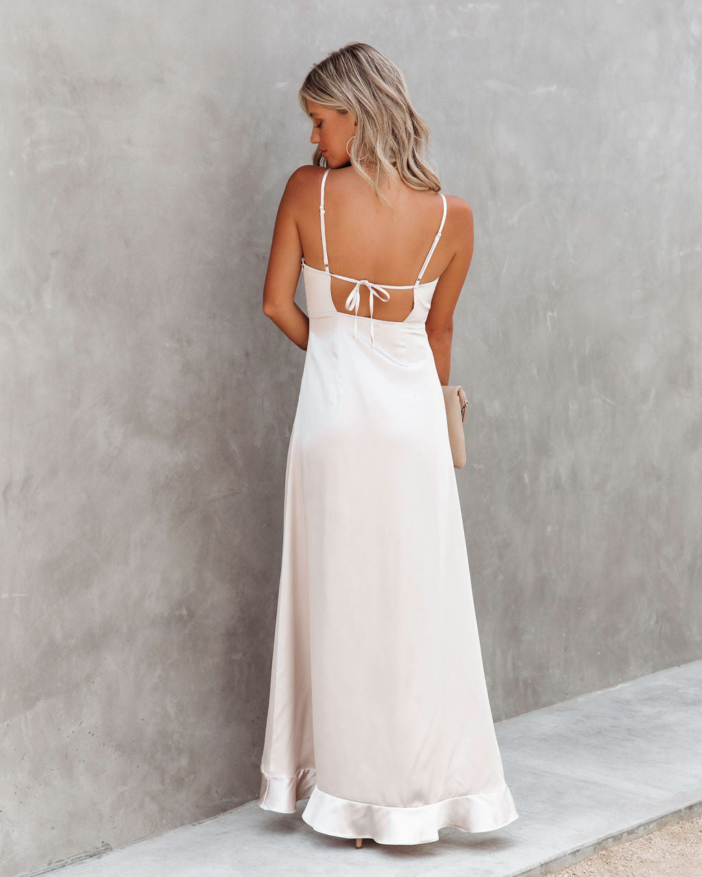 Undeniable Love Satin Ruffle Maxi Dress - Champagne