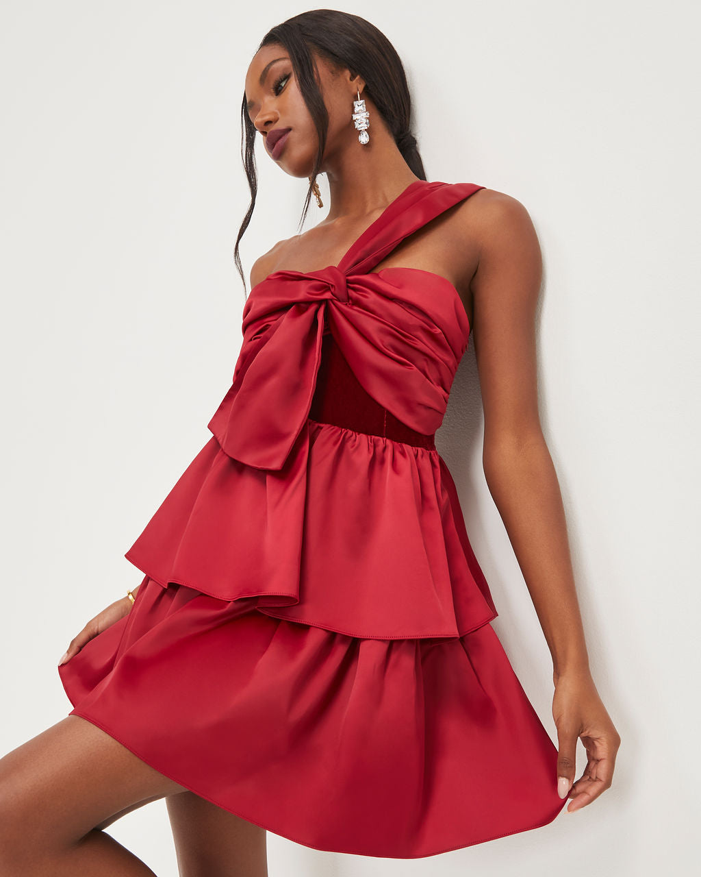 Such A Joy Satin Velvet One Shoulder Tiered Mini Dress - Wine