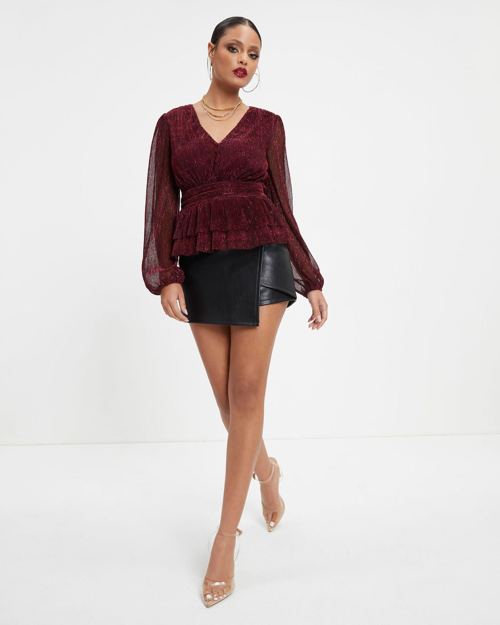 Razzle Dazzle Metallic Plisse Tiered Top - Wine