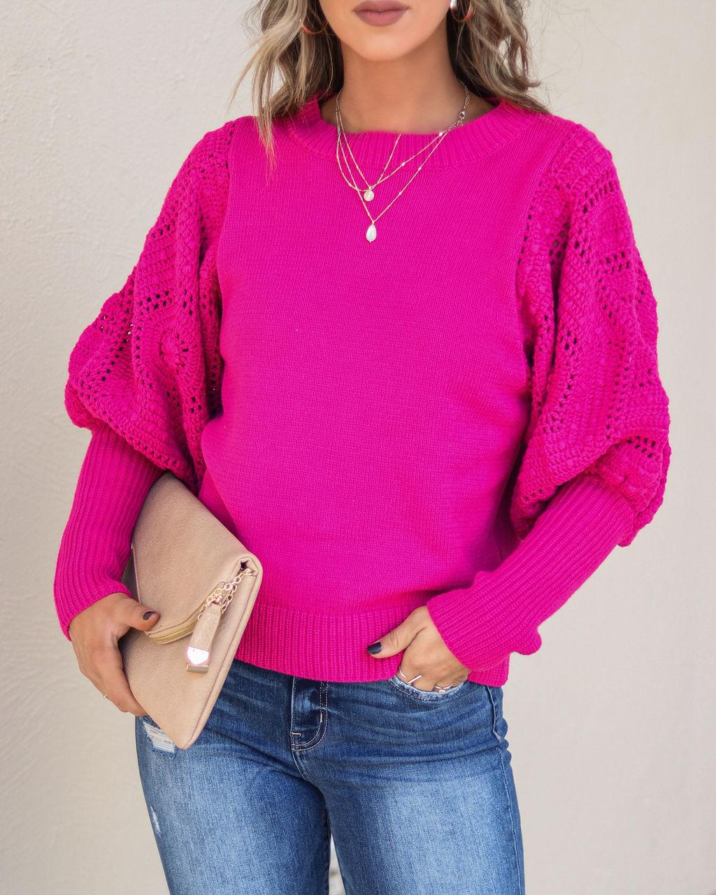 Naveen Cotton Blend Crochet Sleeve Sweater - Berry - SALE