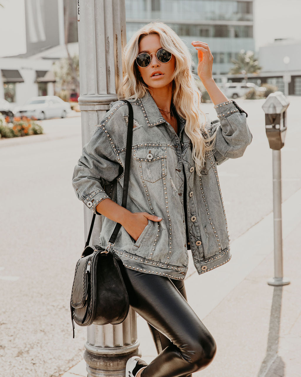 Kind Of A Big Deal Pocketed Studded Denim Jacket - Light Wash