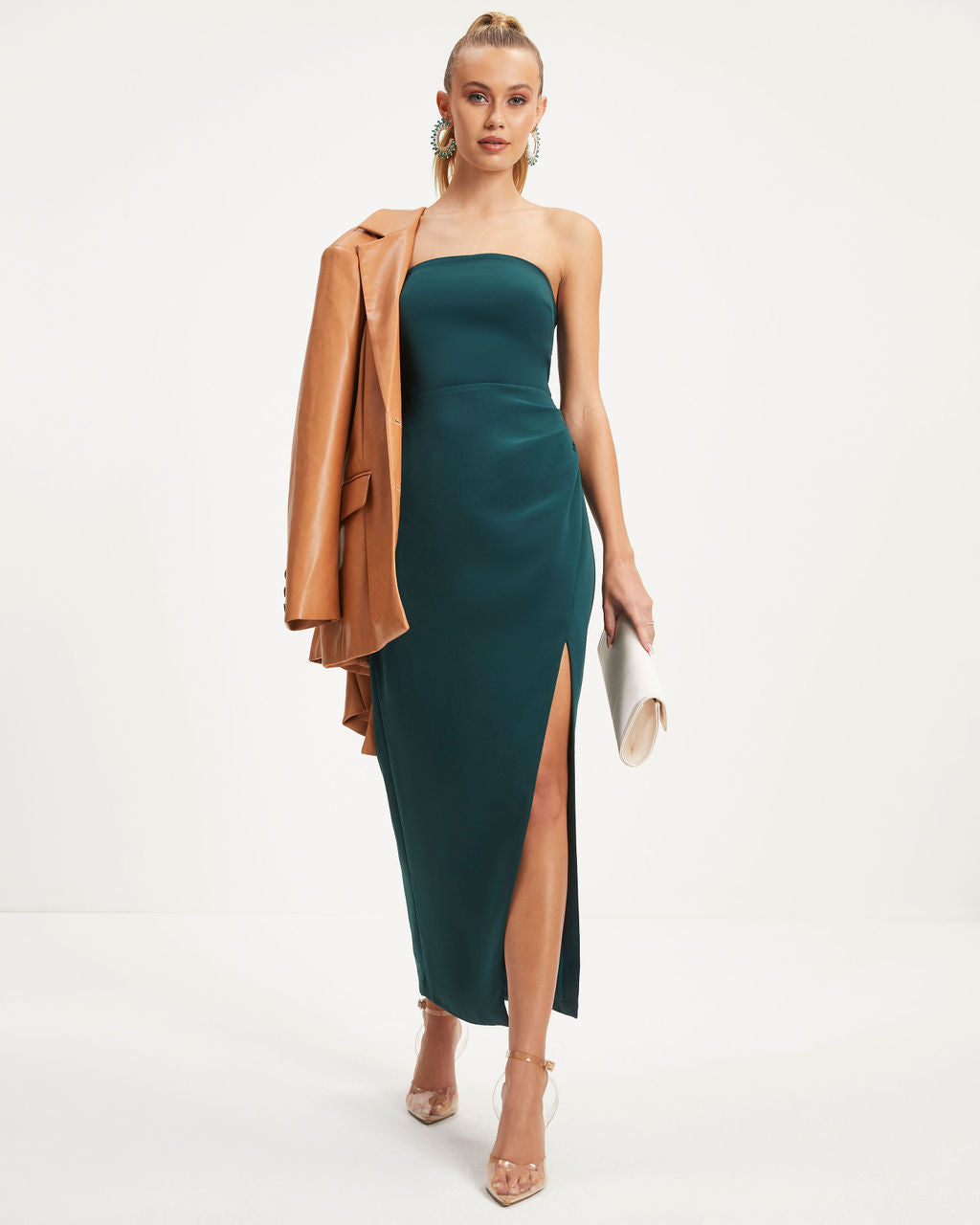 Love And Prosperity Strapless Side Slit Maxi Dress - Hunter Green